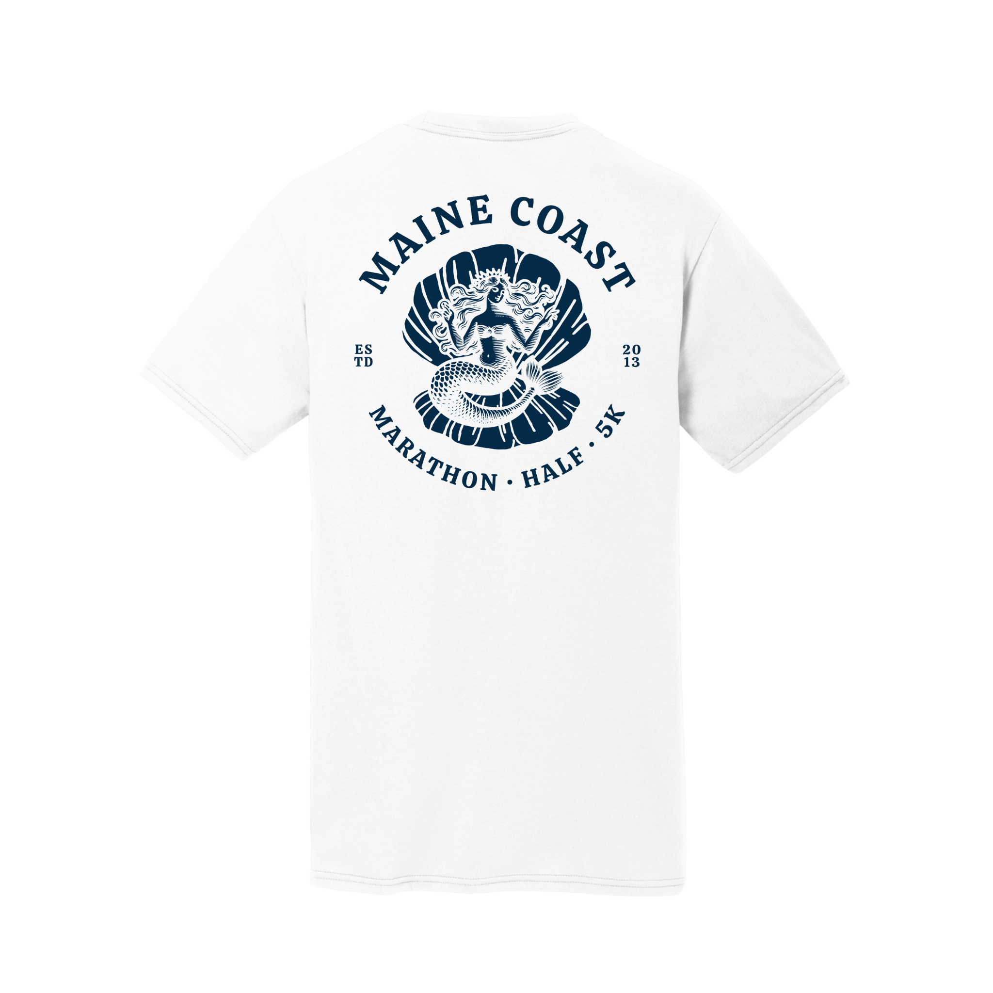 A white Maine Coast Marathon event tee with a graphic logo on the back featuring text and a design.