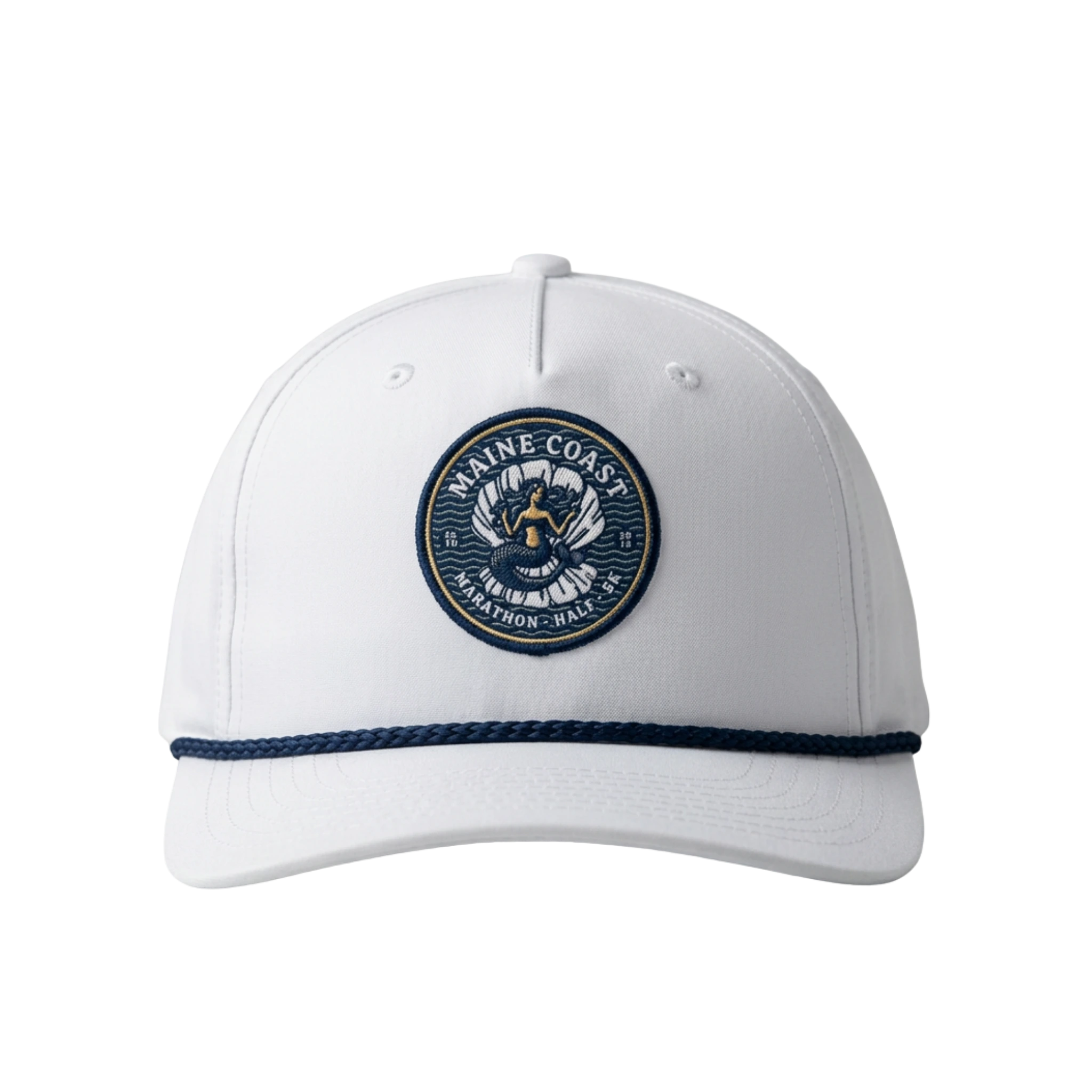 White cap with a blue and gold Maine Coast Marathon logo