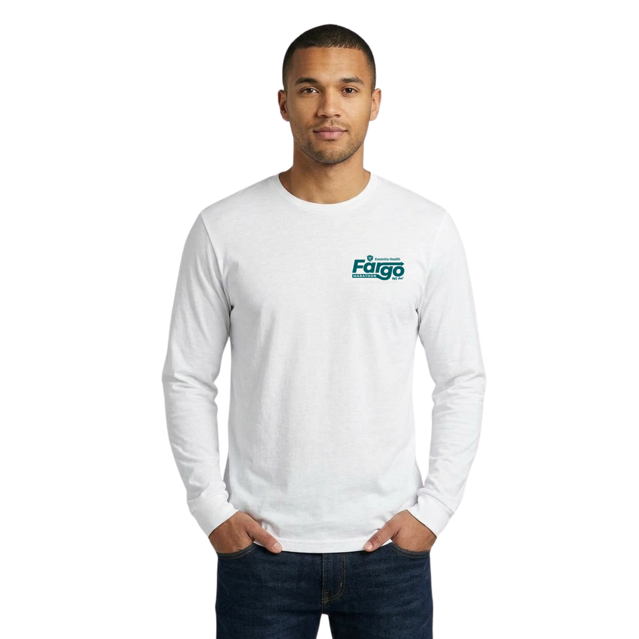 Man wearing a white long-sleeve shirt with a Fargo Marathon logo on the left chest