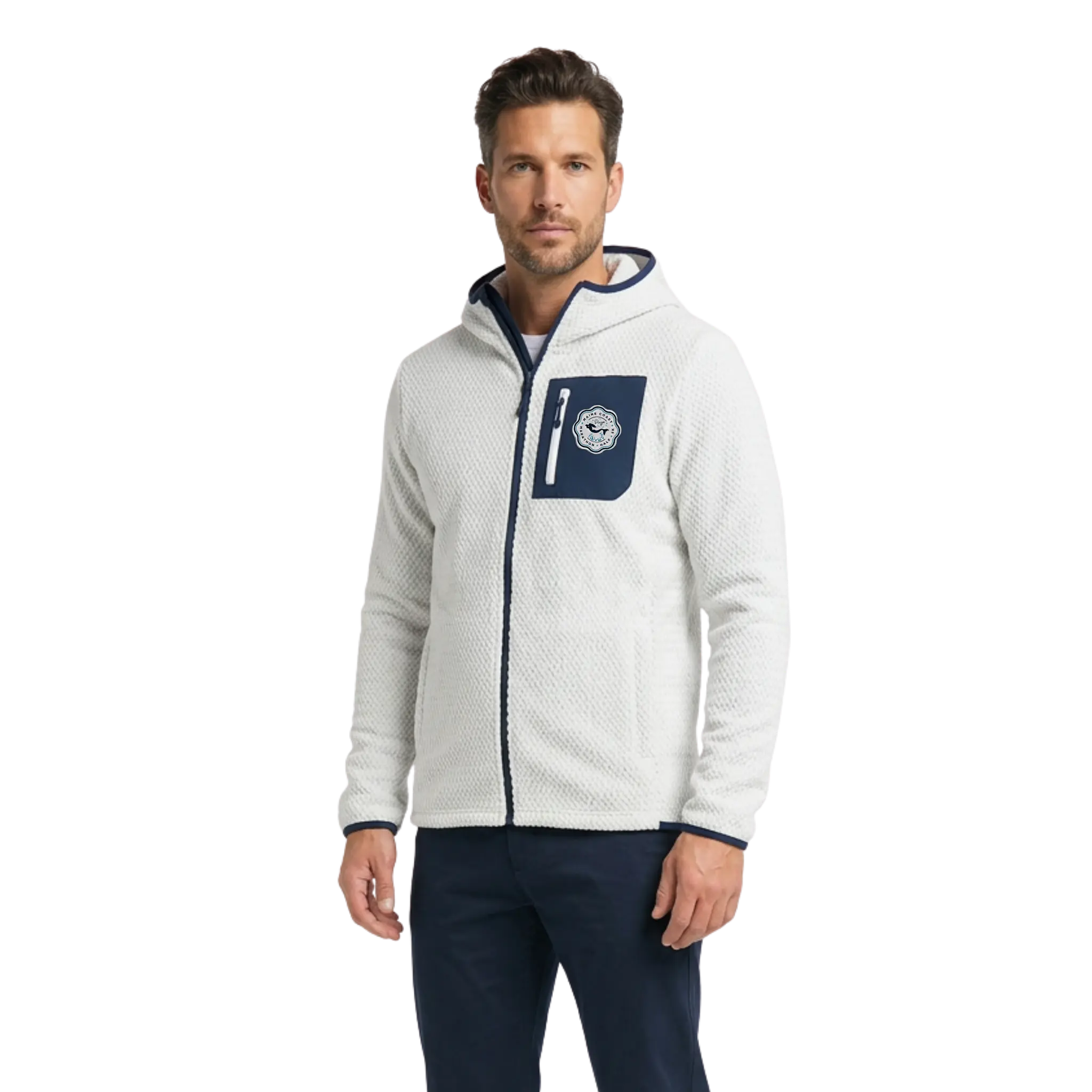 Man wearing a white cream hoodie with a navy pocket and Maine Coast Marathon logo
