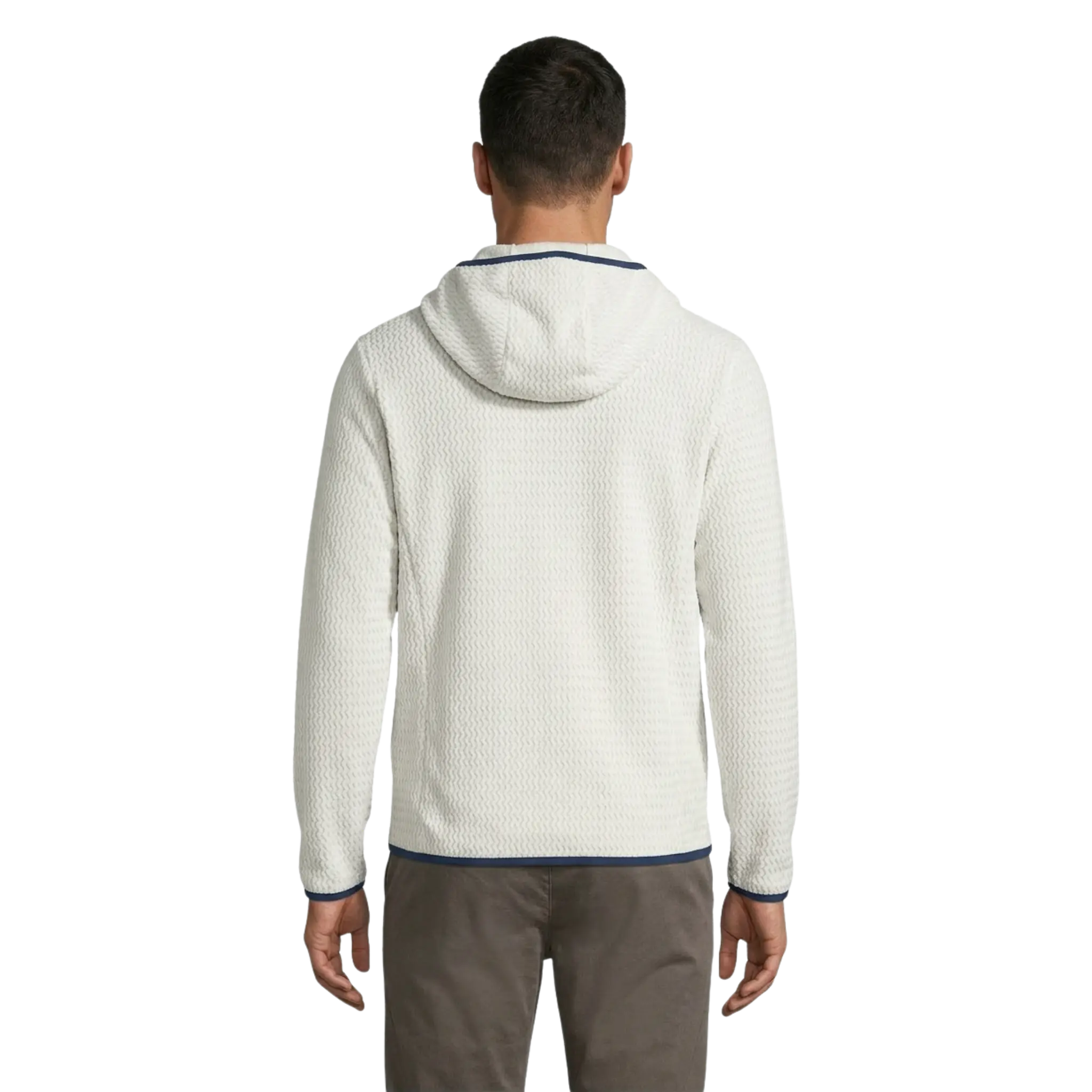 The back of a man wearing a white fleece textured hoodie