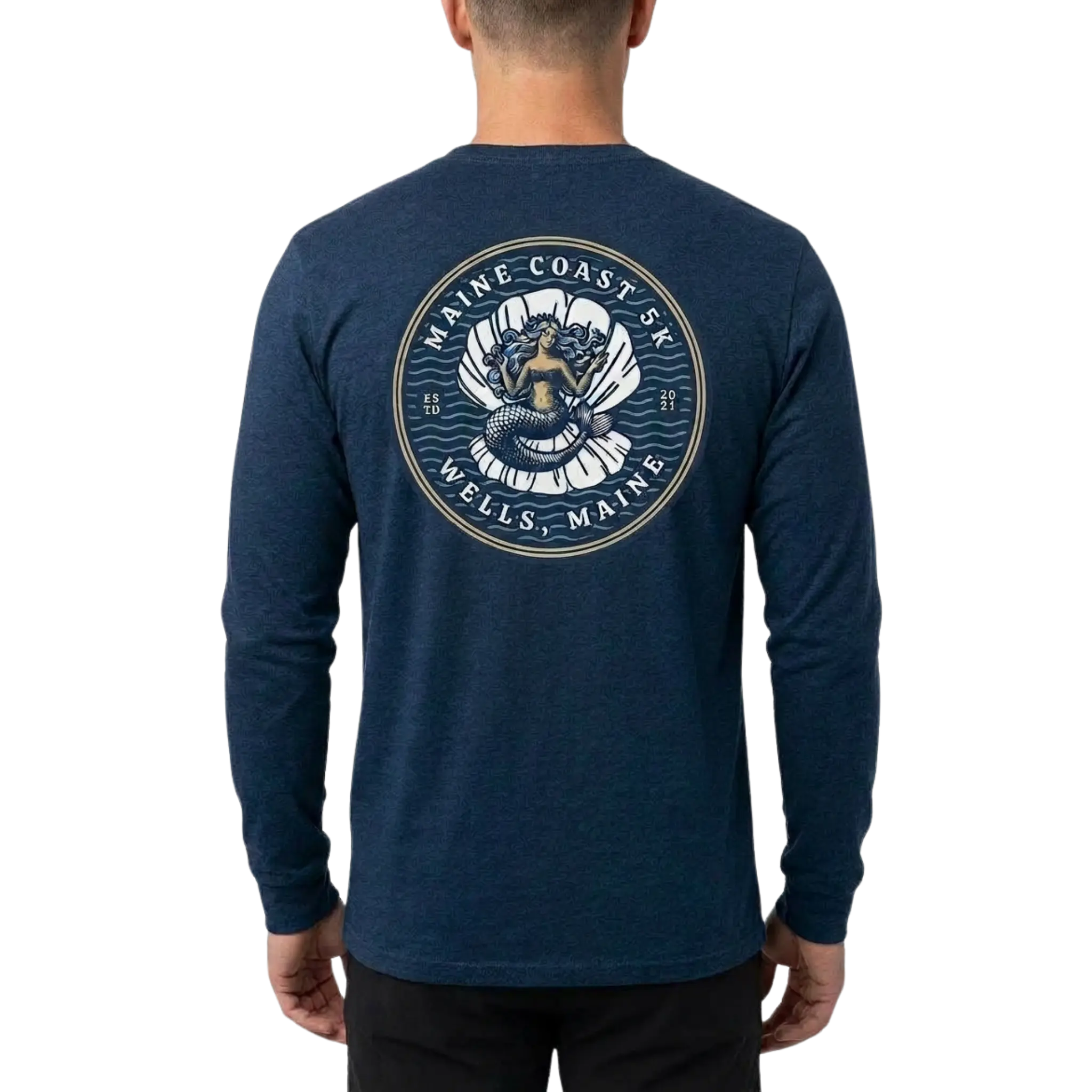 Navy blue long-sleeve shirt with a circular mermaid design on the back, featuring text and graphics