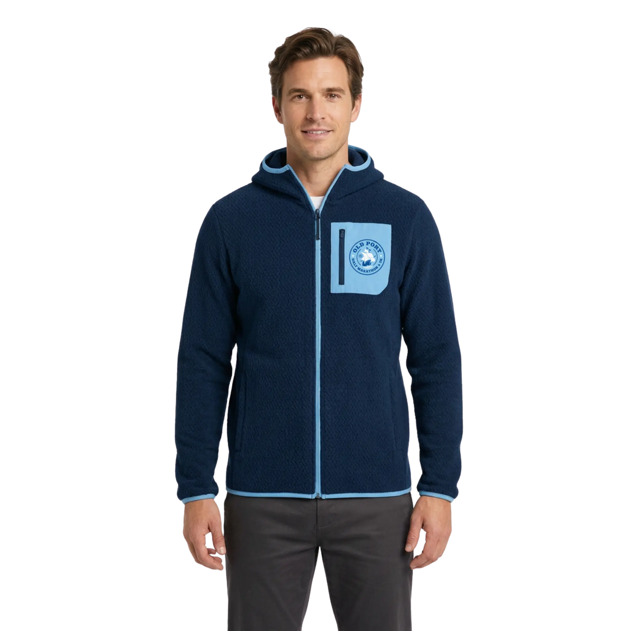 Man wearing a navy blue fleece hoodie with an Old Port logo and chest pocket