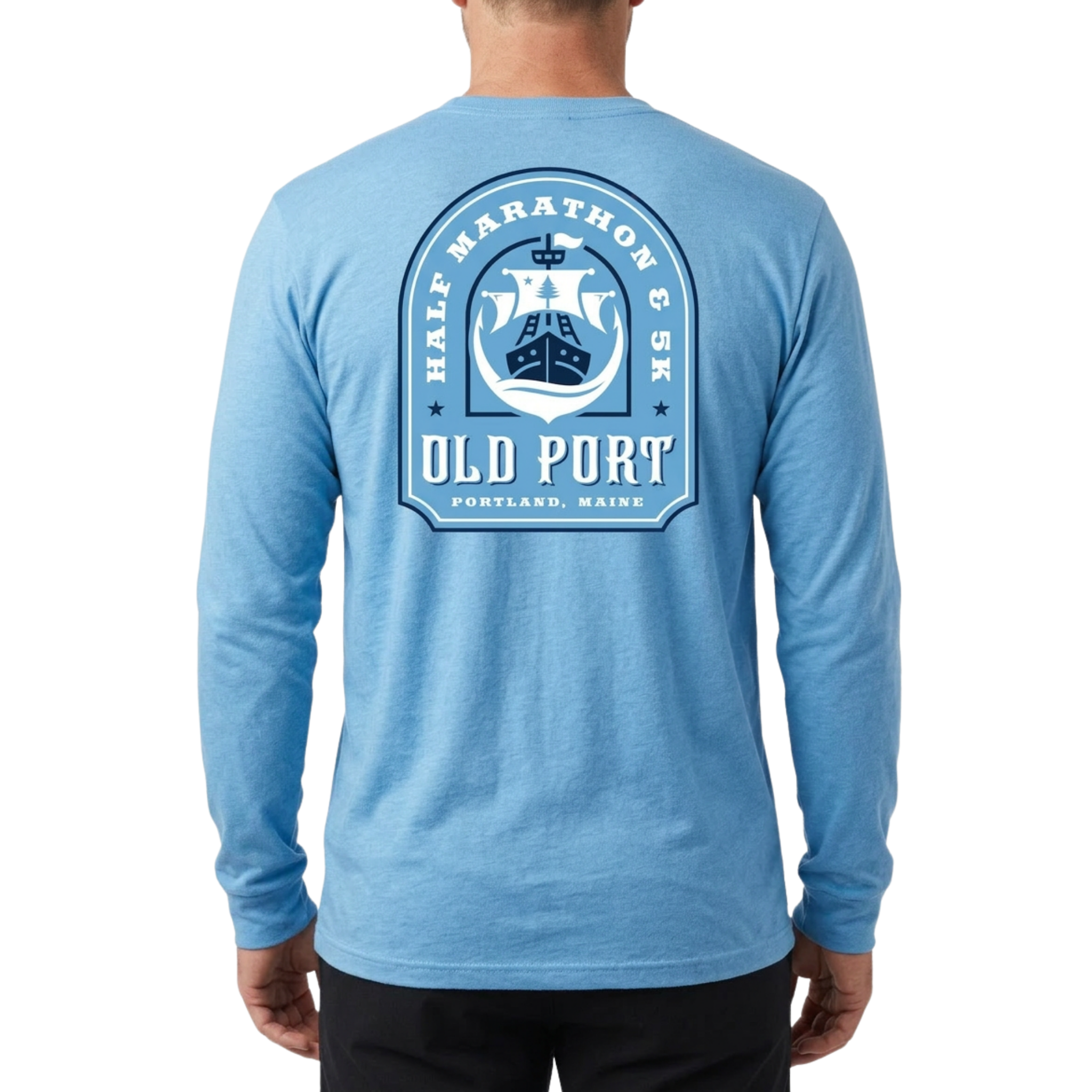 Man wearing long sleeve light blue shirt with Old Port Half Marathon and 5K graphic on back