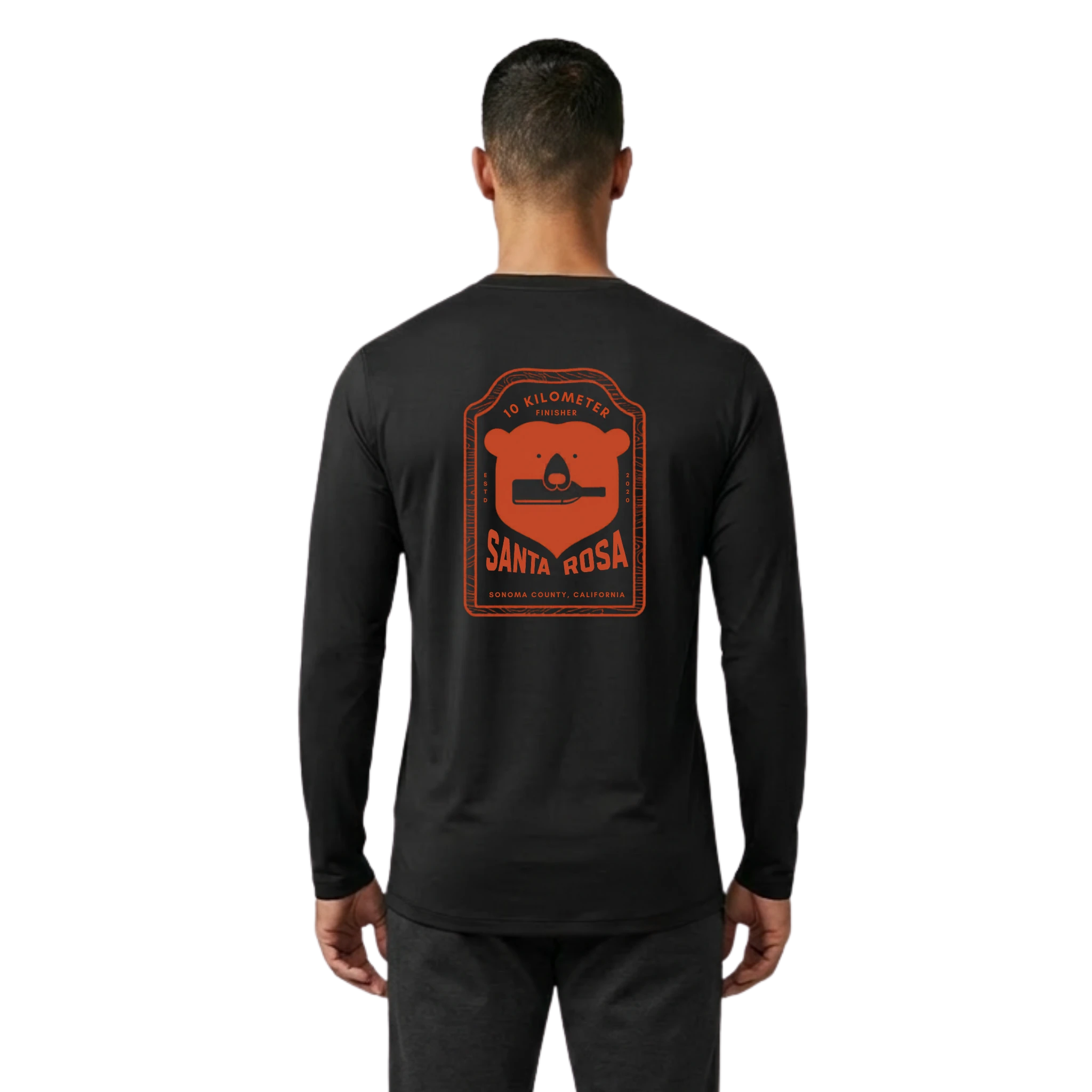 Man wearing a black long-sleeve shirt with Santa Rosa Marathon 10K orange graphic on back