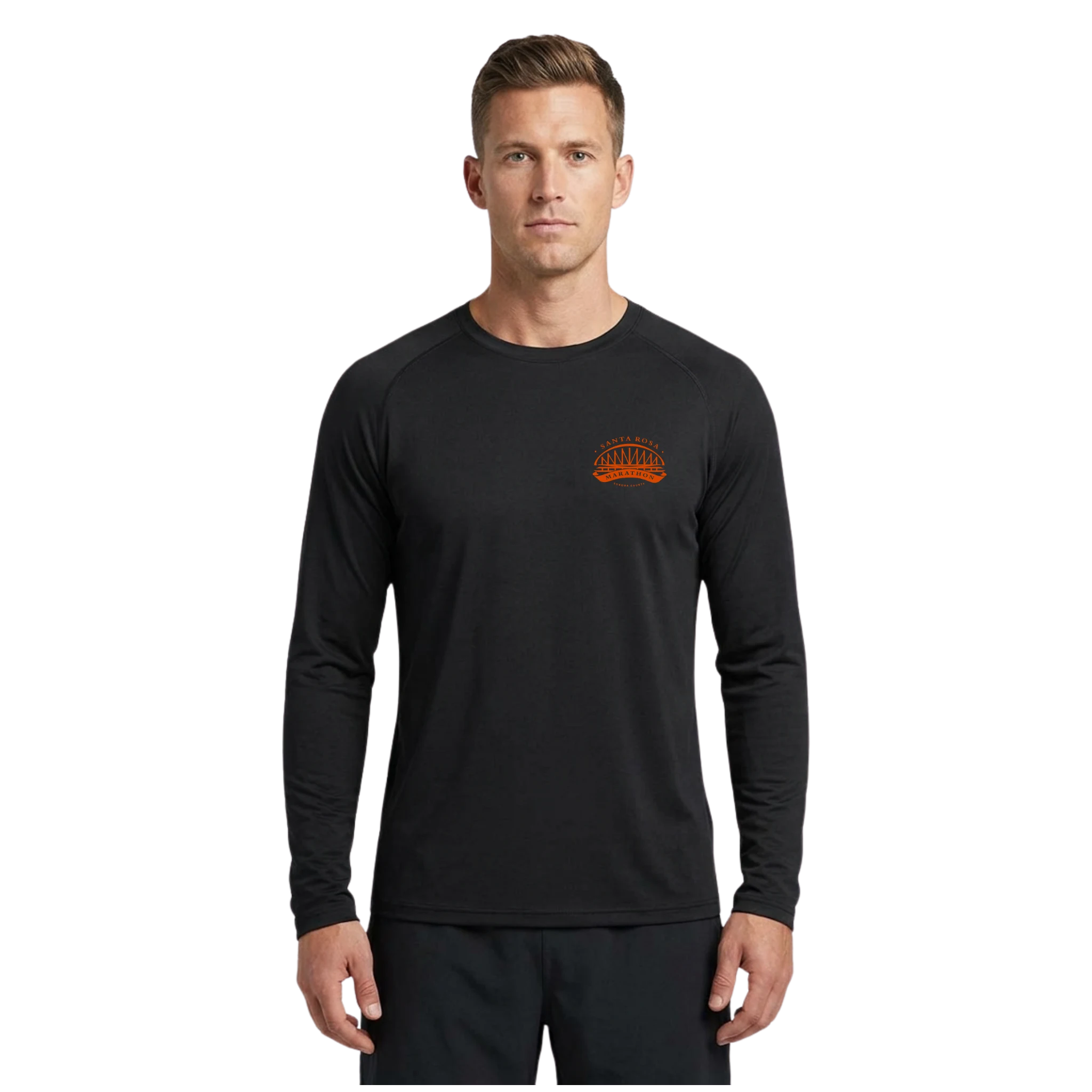 Man wearing a black long-sleeve shirt with Santa Rosa Marathon logo