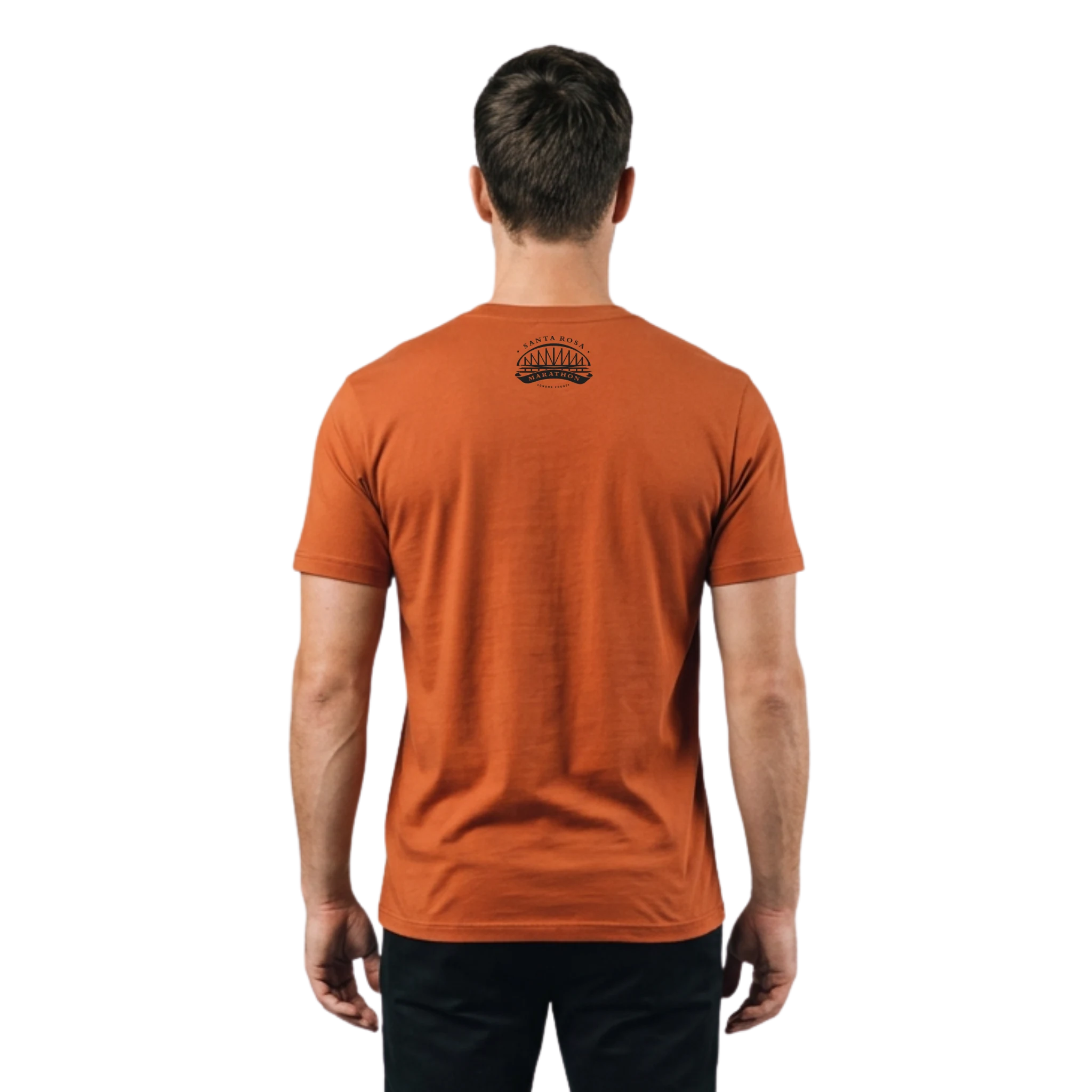 Man wearing an orange t-shirt with a Santa Rosa Marathon logo on the back