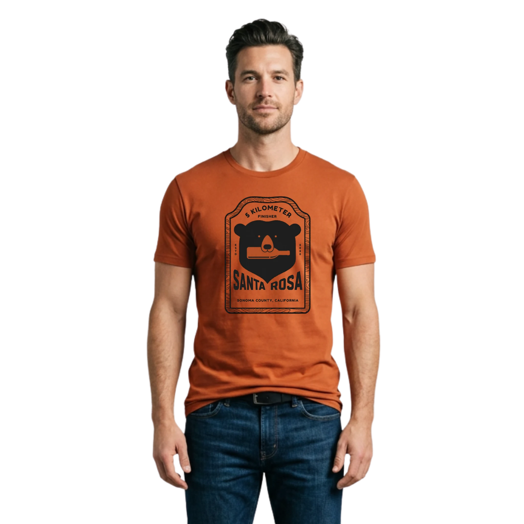 Man wearing a rust-colored t-shirt with a black Santa Rosa Marathon 5K graphic and text on front
