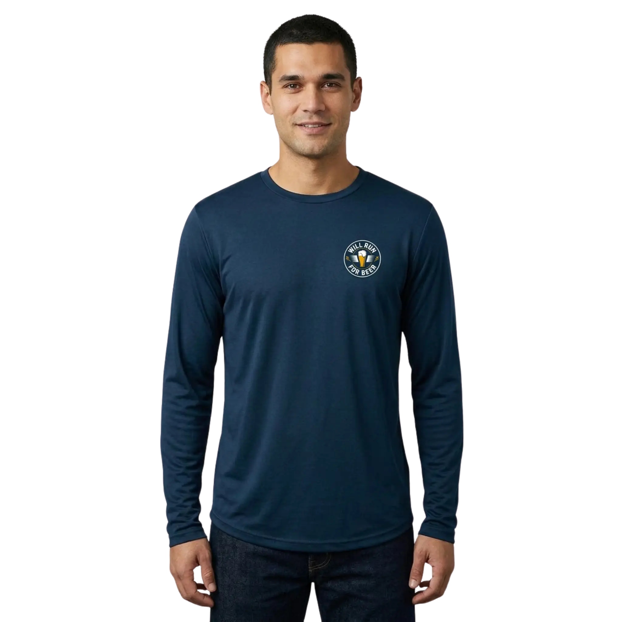 Man wearing a navy long-sleeve shirt with Will Run for Beer logo