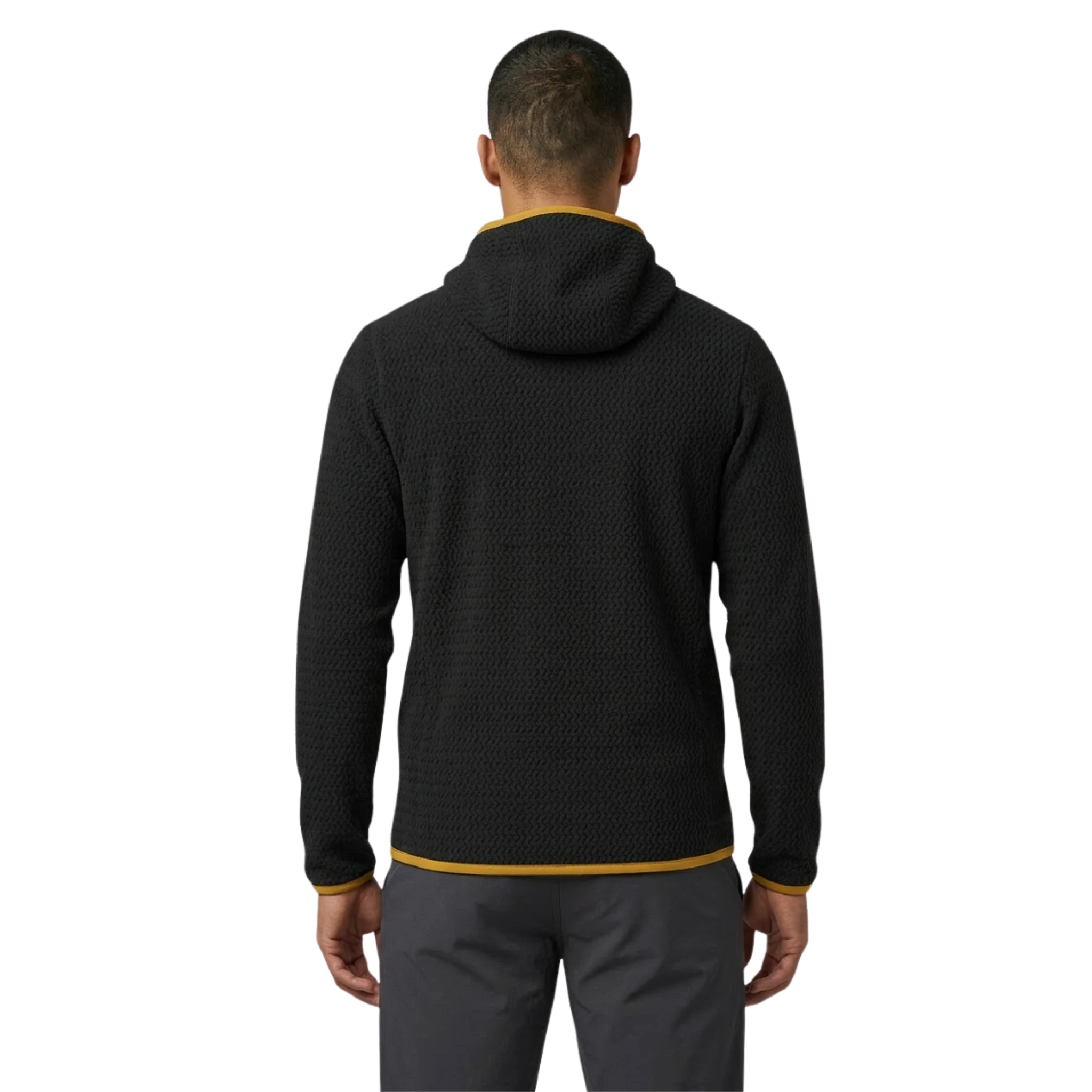 Back of man wearing a black jacket