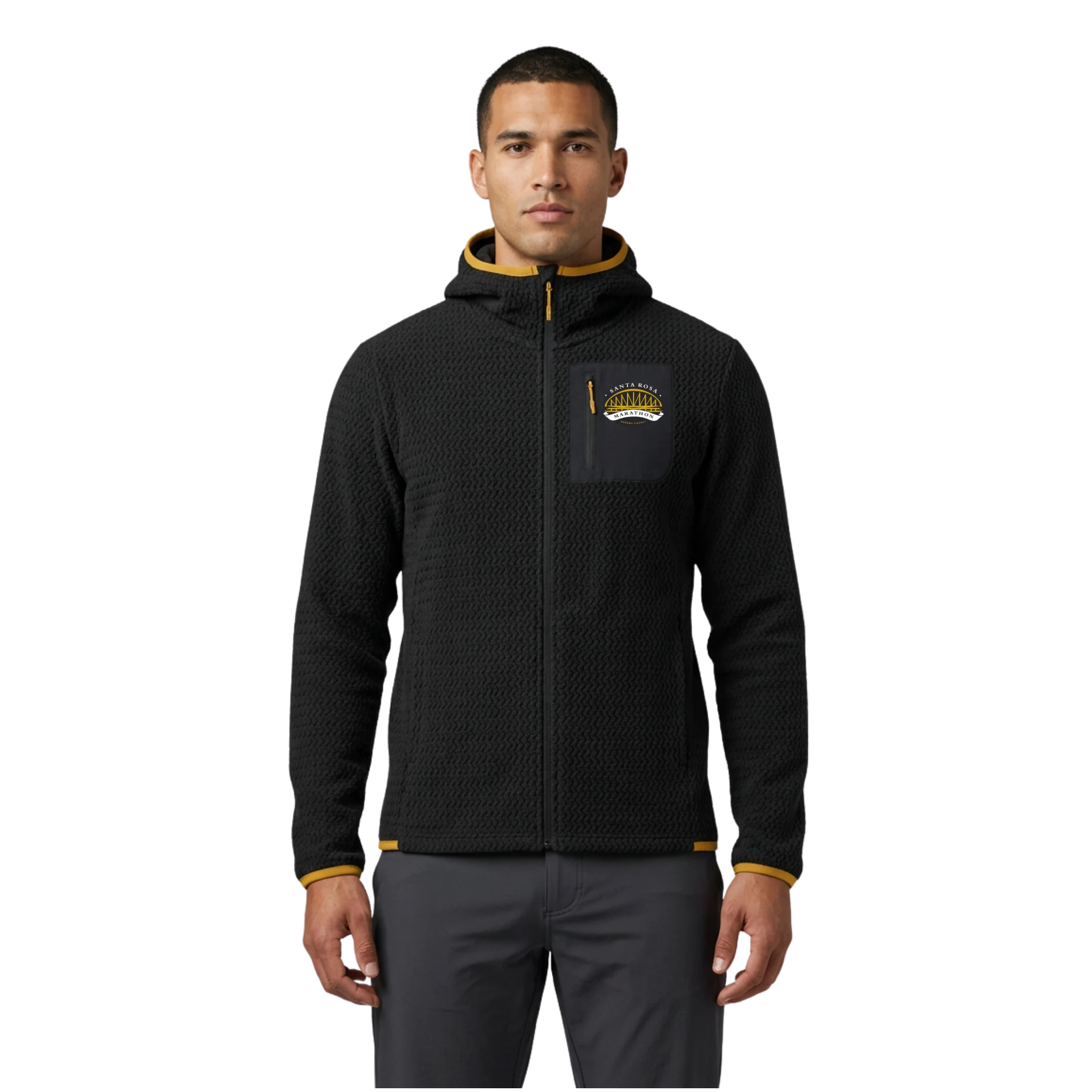 Man wearing a black jacket with a Santa Rosa Marathon gold logo