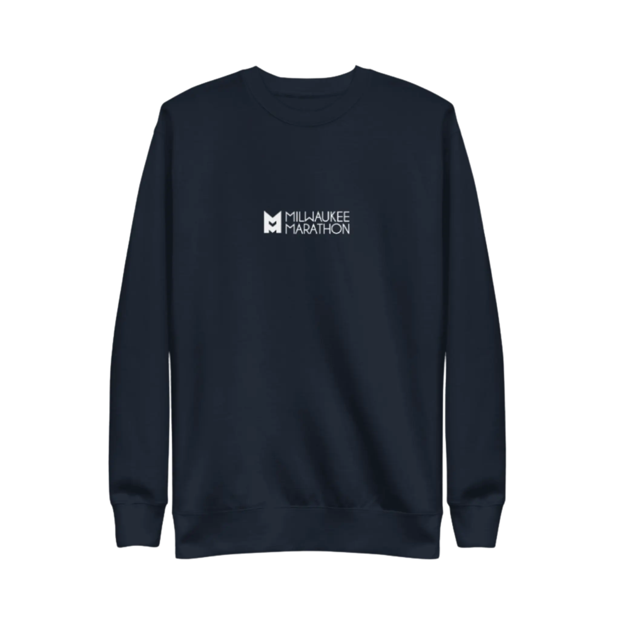 Navy blue sweatshirt with 'Milwaukee Marathon' logo in center chest