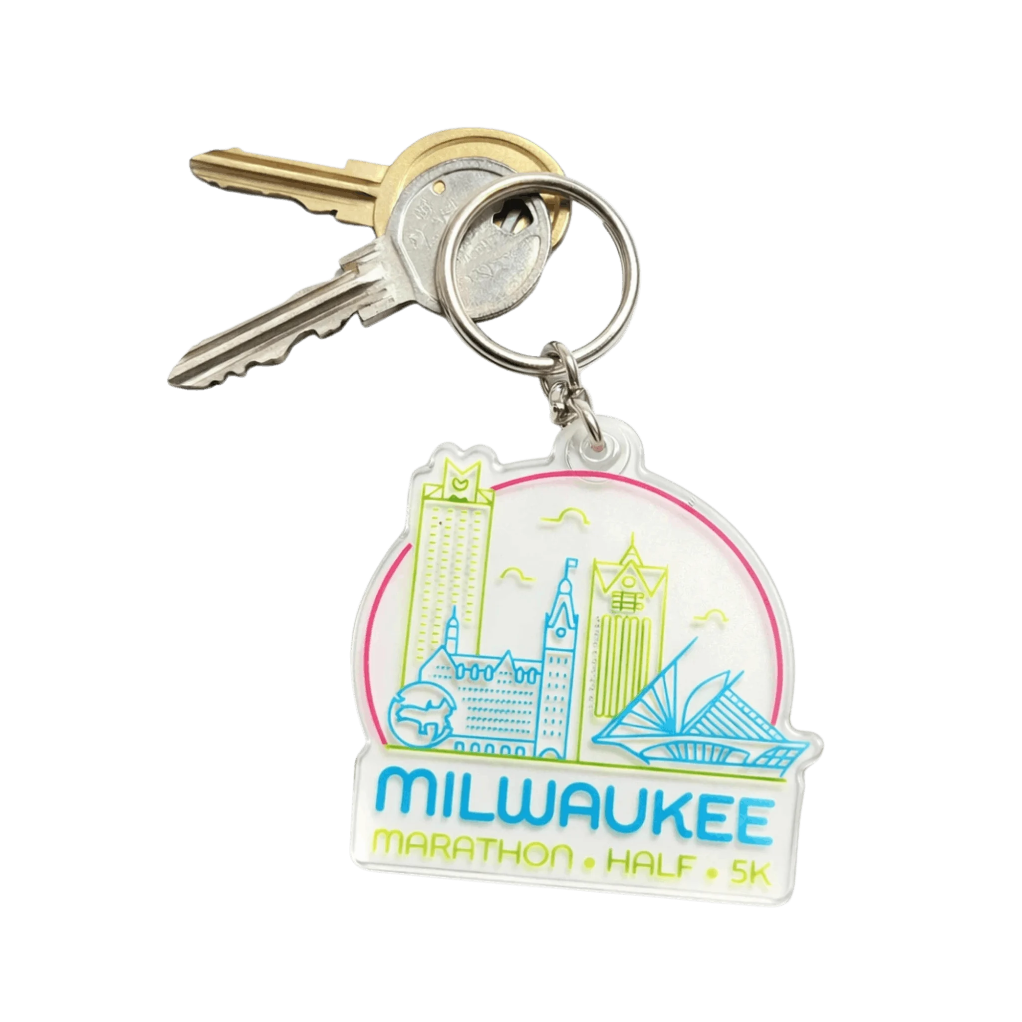 Translucent keychain design with Milwaukee Marathon, Half, and 5K and skyline on a set of keys