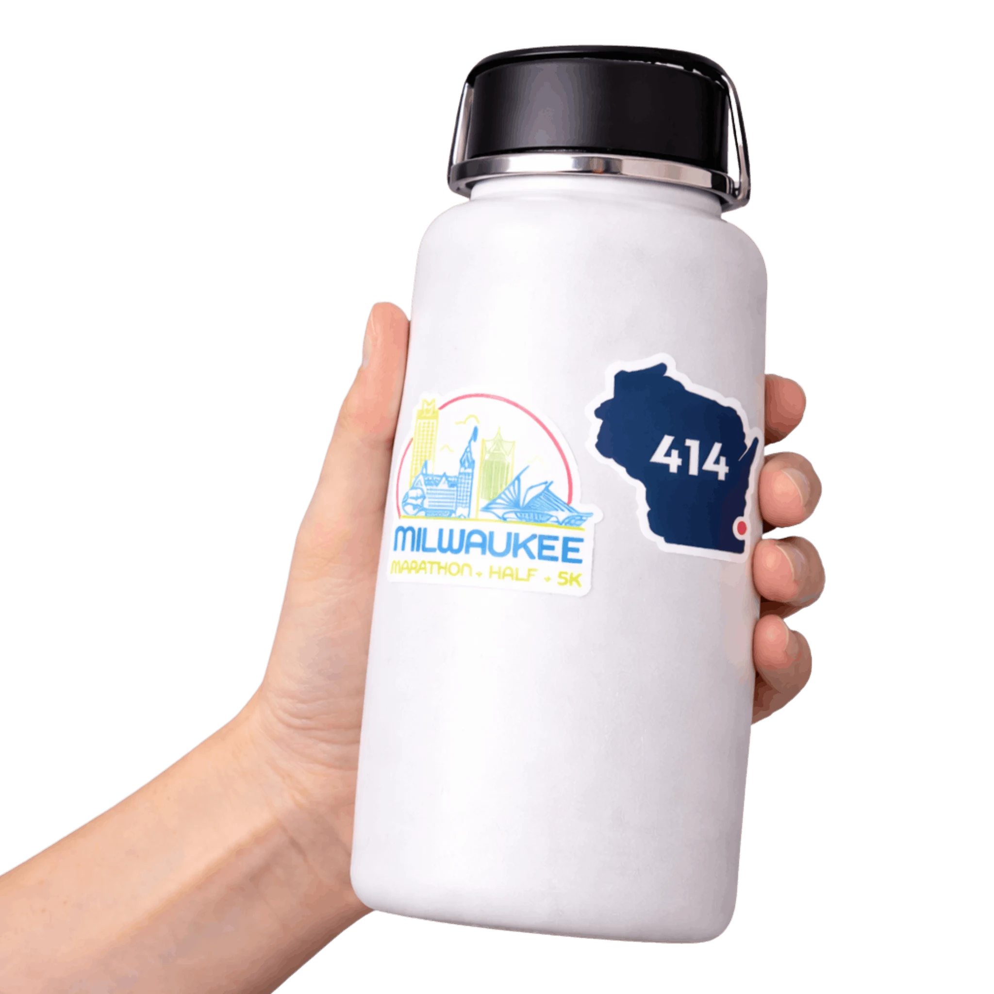 White water bottle with Milwaukee Marathon stickers on it