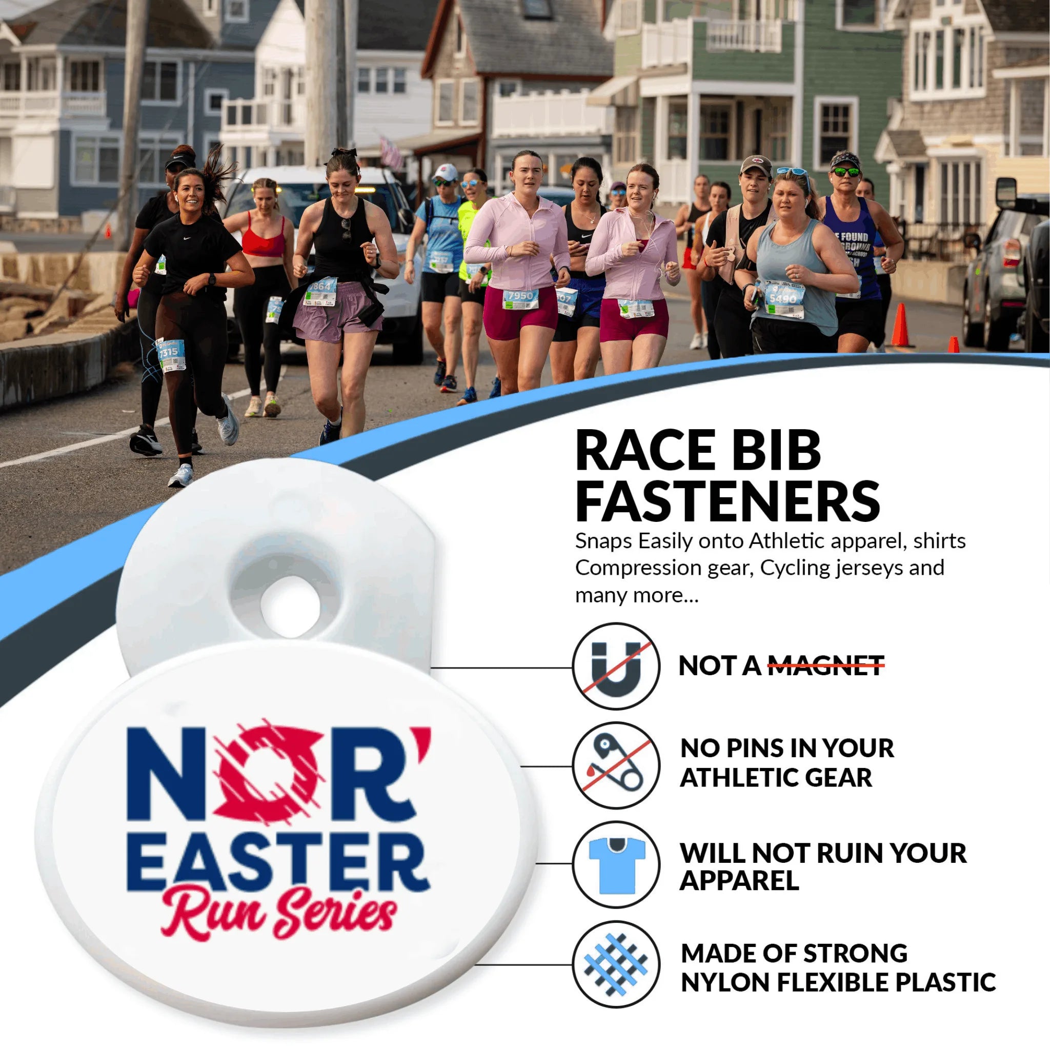 Runners on a street with race bib fasteners and NOR Easter Run Series branding