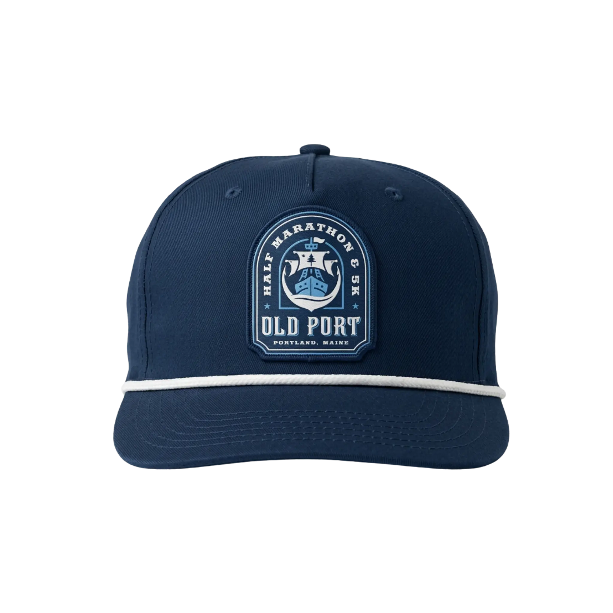 Navy blue cap with a Old Port logo with a ship and text