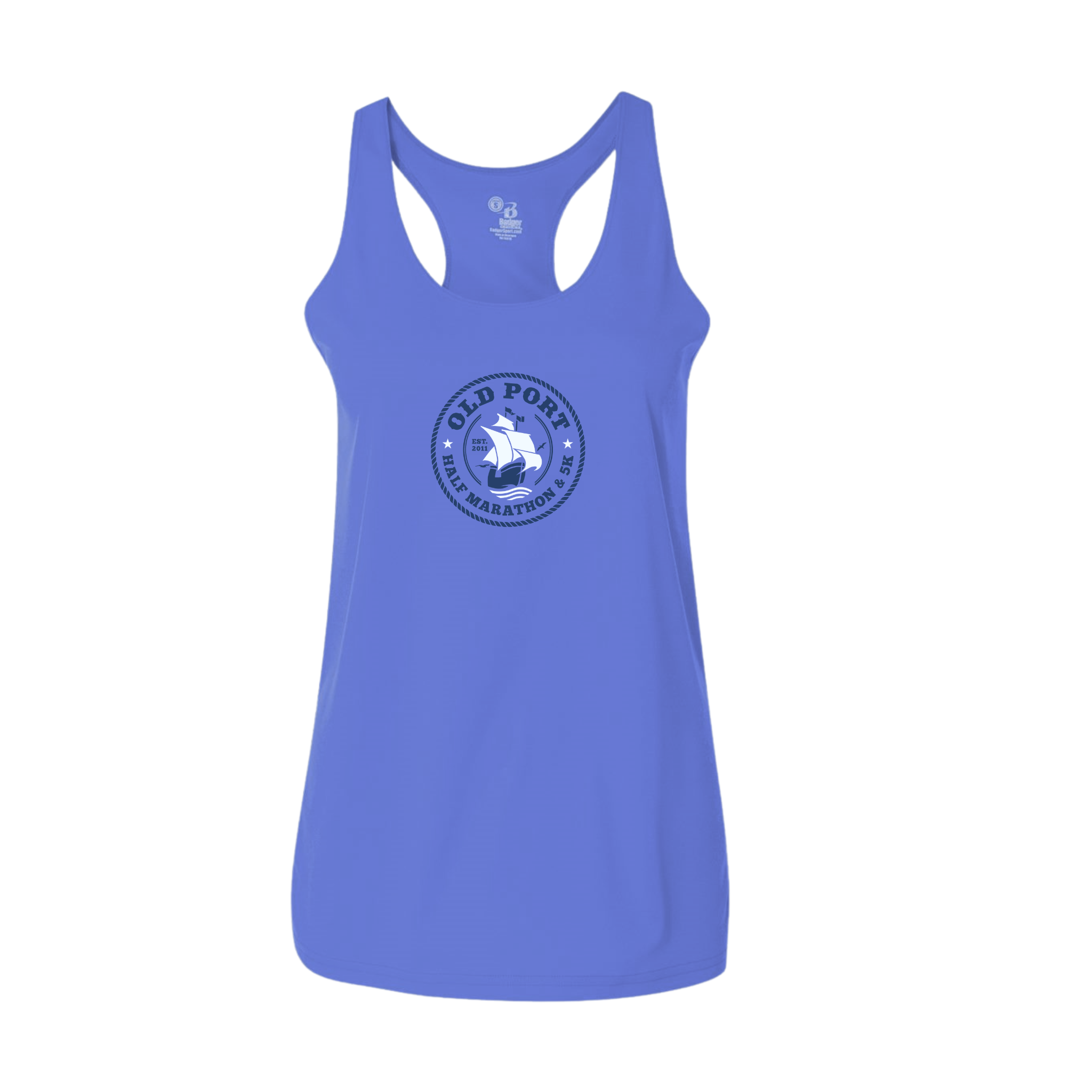 Women's heather blue tank top with a center chest Old Port Half Marathon and 5K logo