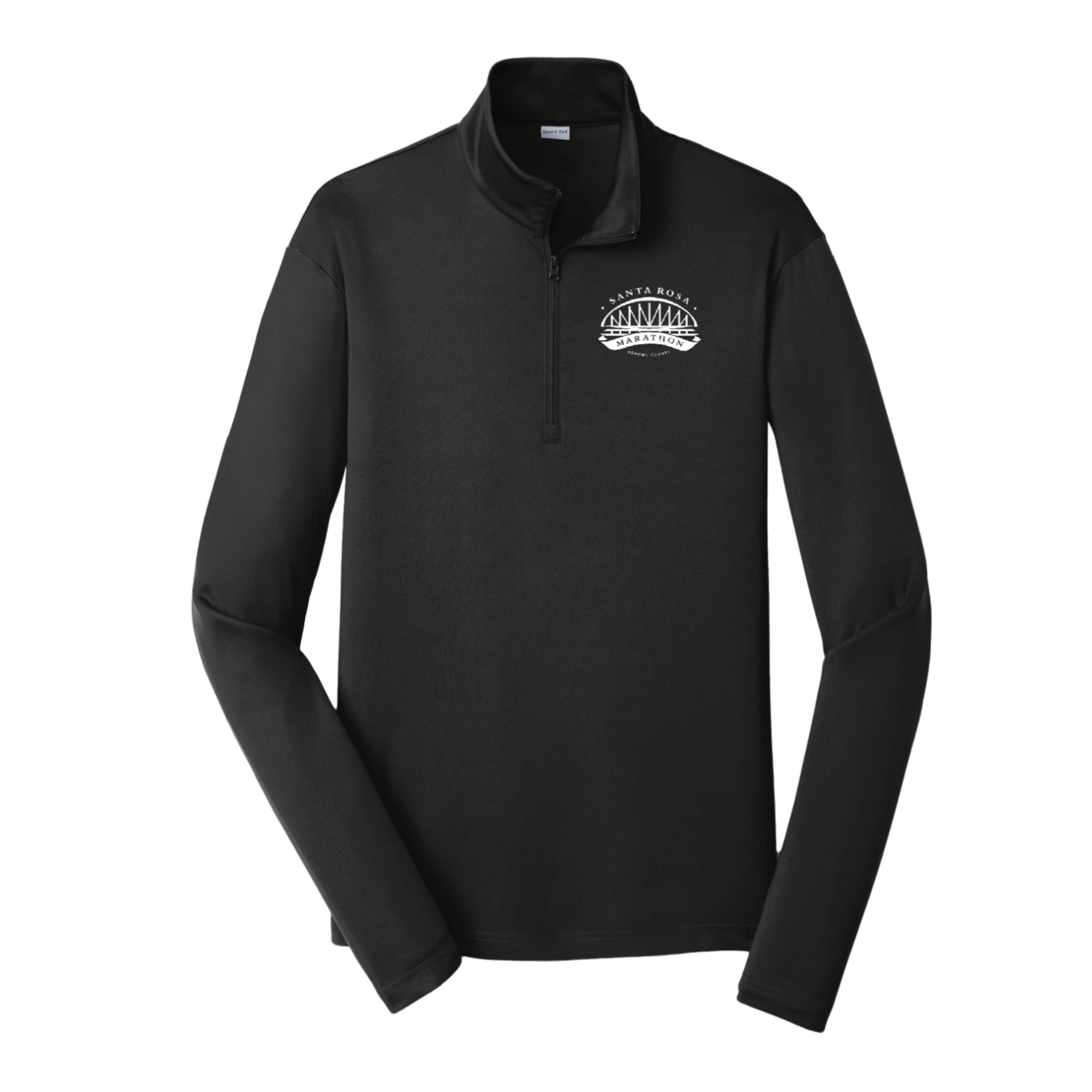 Black long sleeve pullover with a white Santa Rosa Marathon logo on left chest