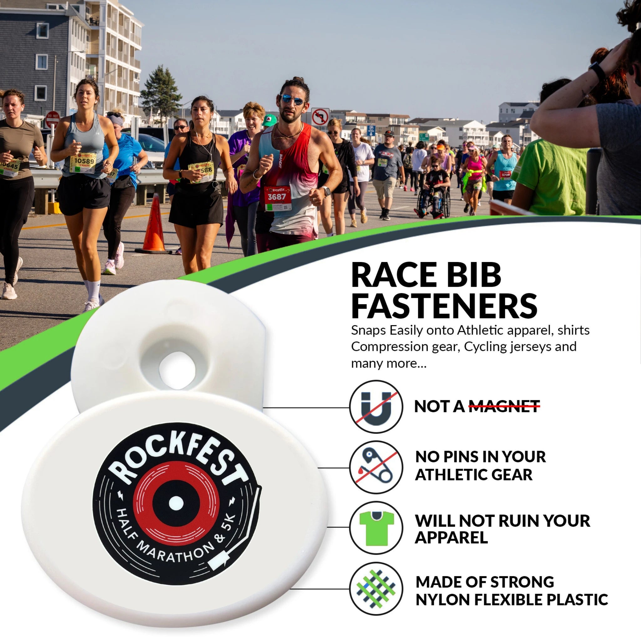 Rockfest race bib fasteners with a running event graphic and product details.