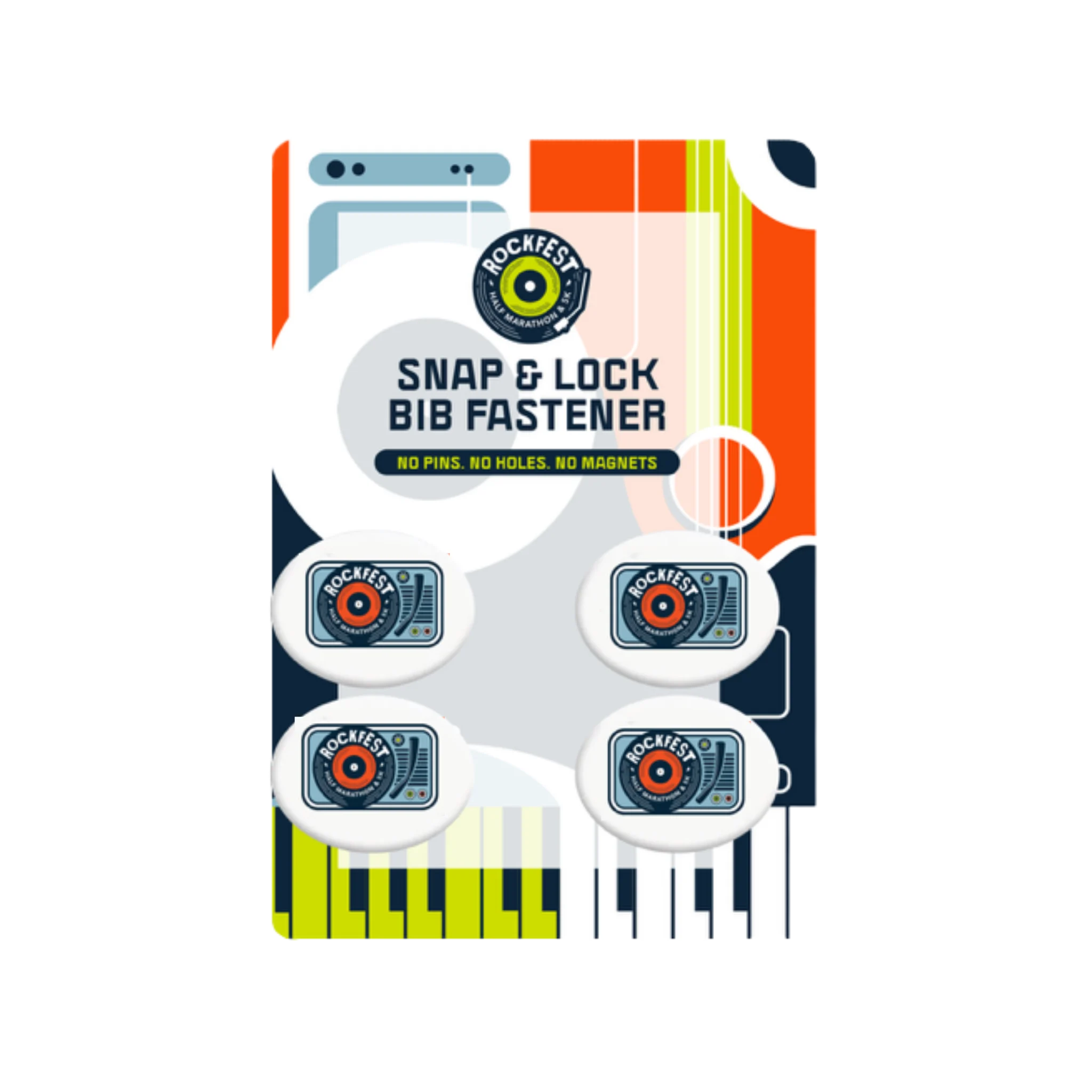 Packaging of Snap & Lock Bib Rockfest Fasteners with colorful design
