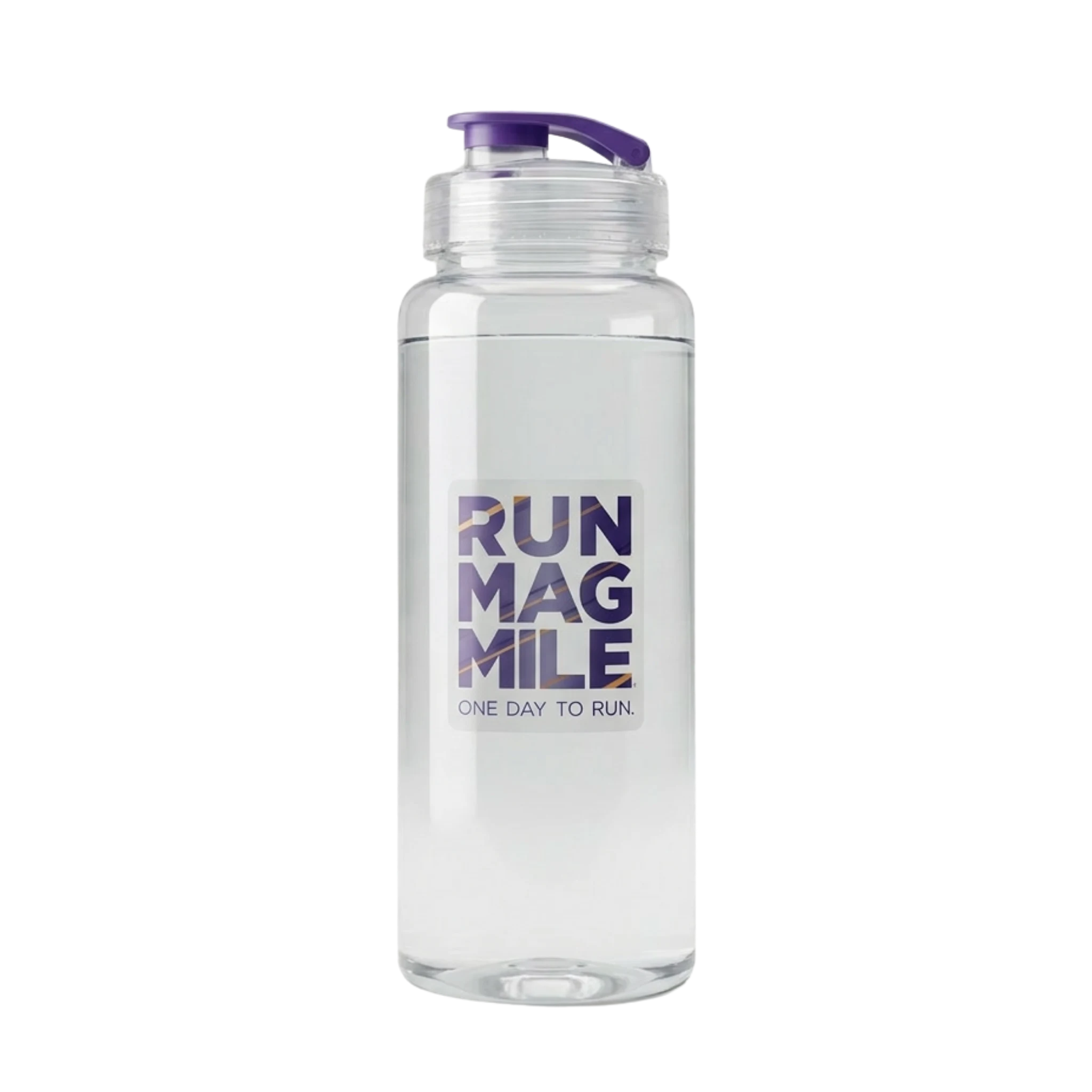 Clear water bottle with purple cap and Run Mag Mile translucent sticker