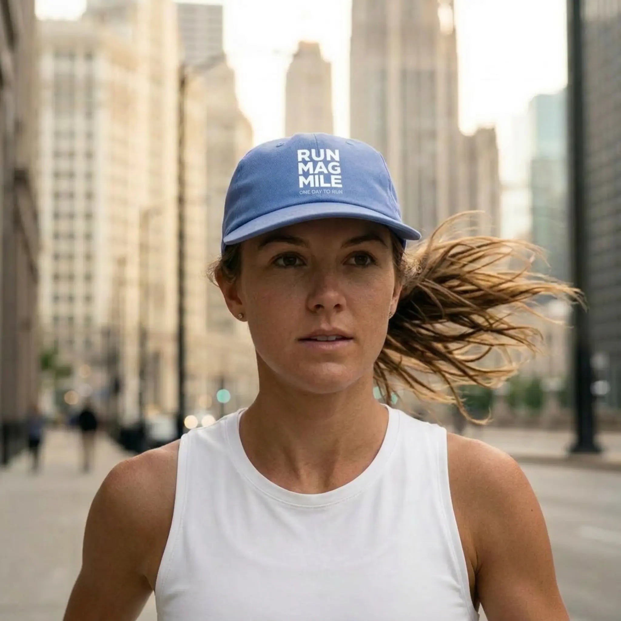 Woman running in Chicago with Run Mag Mile cap