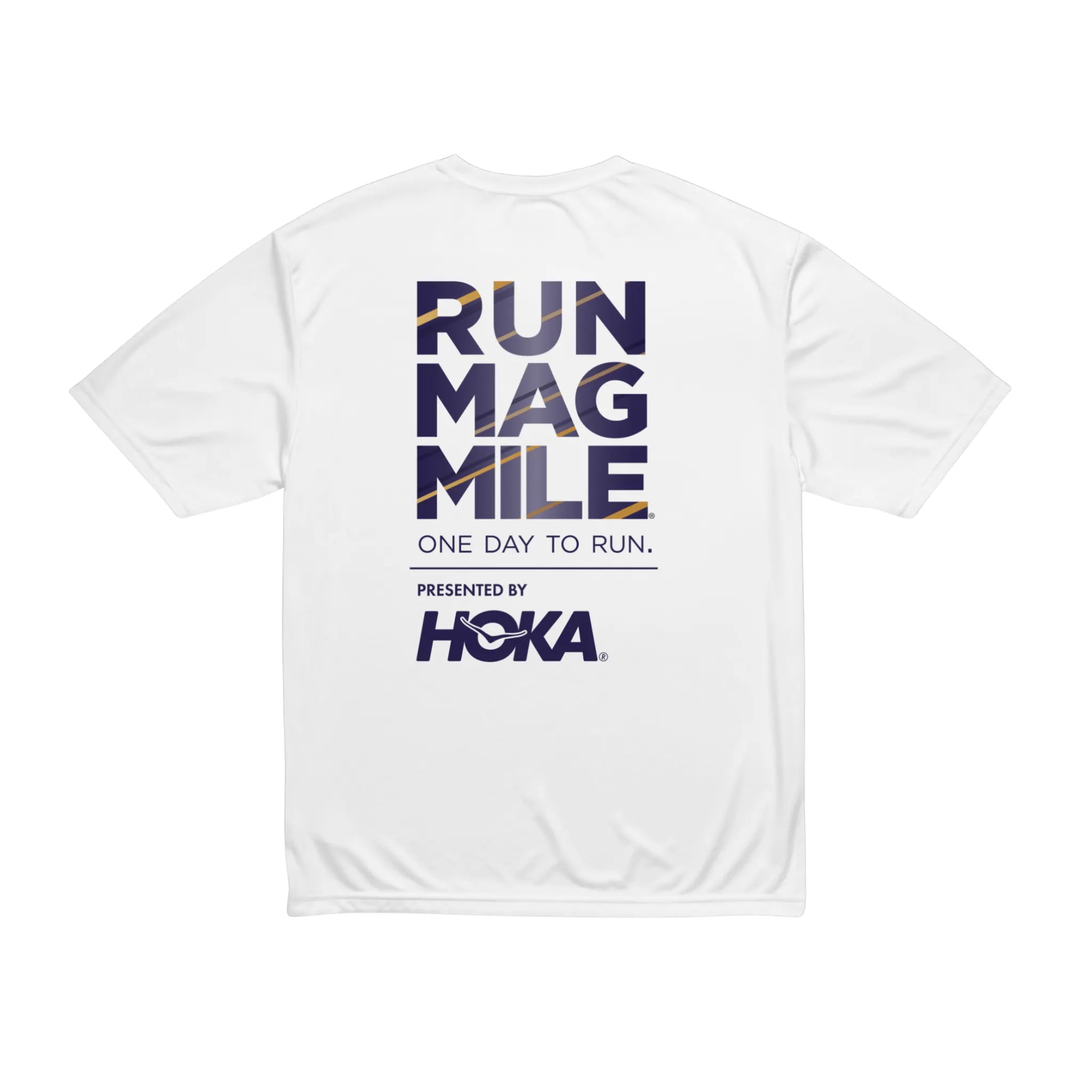 White tee tee with design that reads Run Mag Mile One Day to Run presented by HOKA