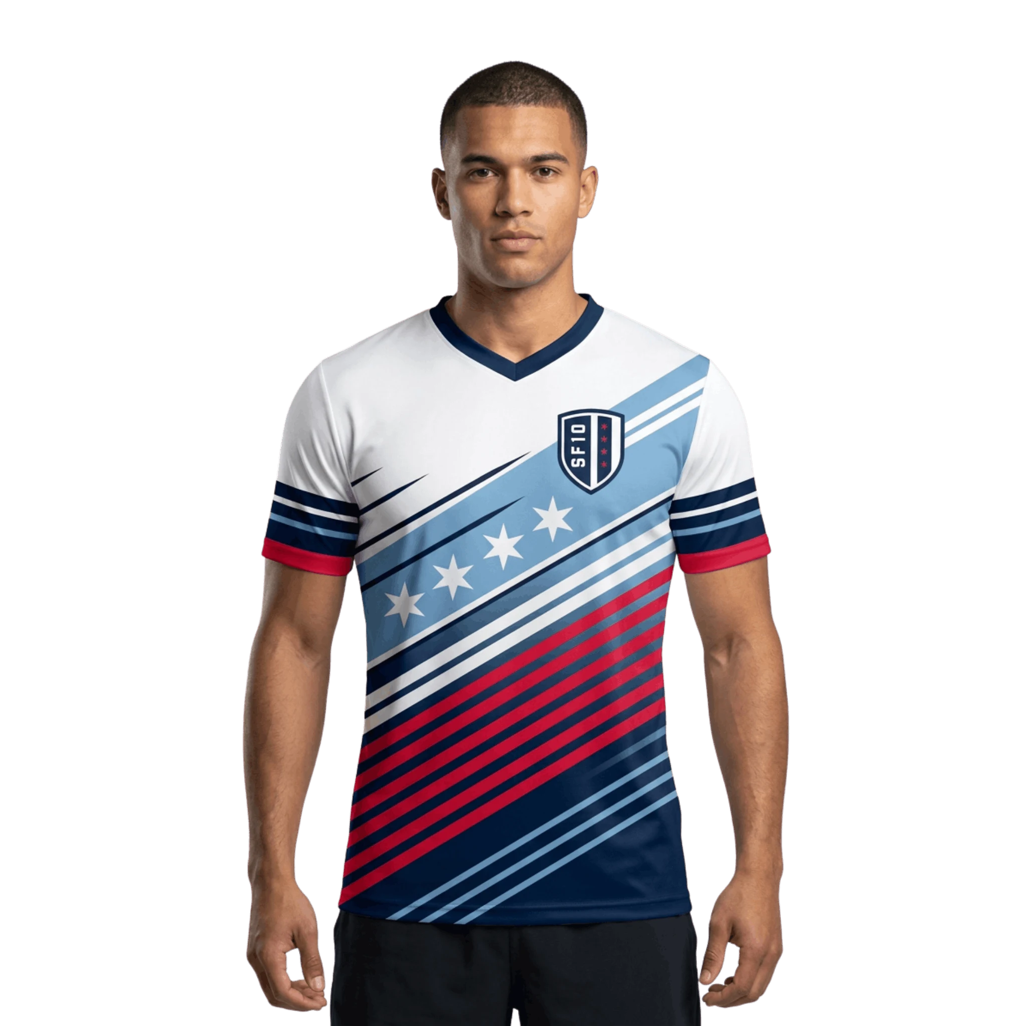 Man wearing a jersey style tee with a geometric design for Soldier Field 10