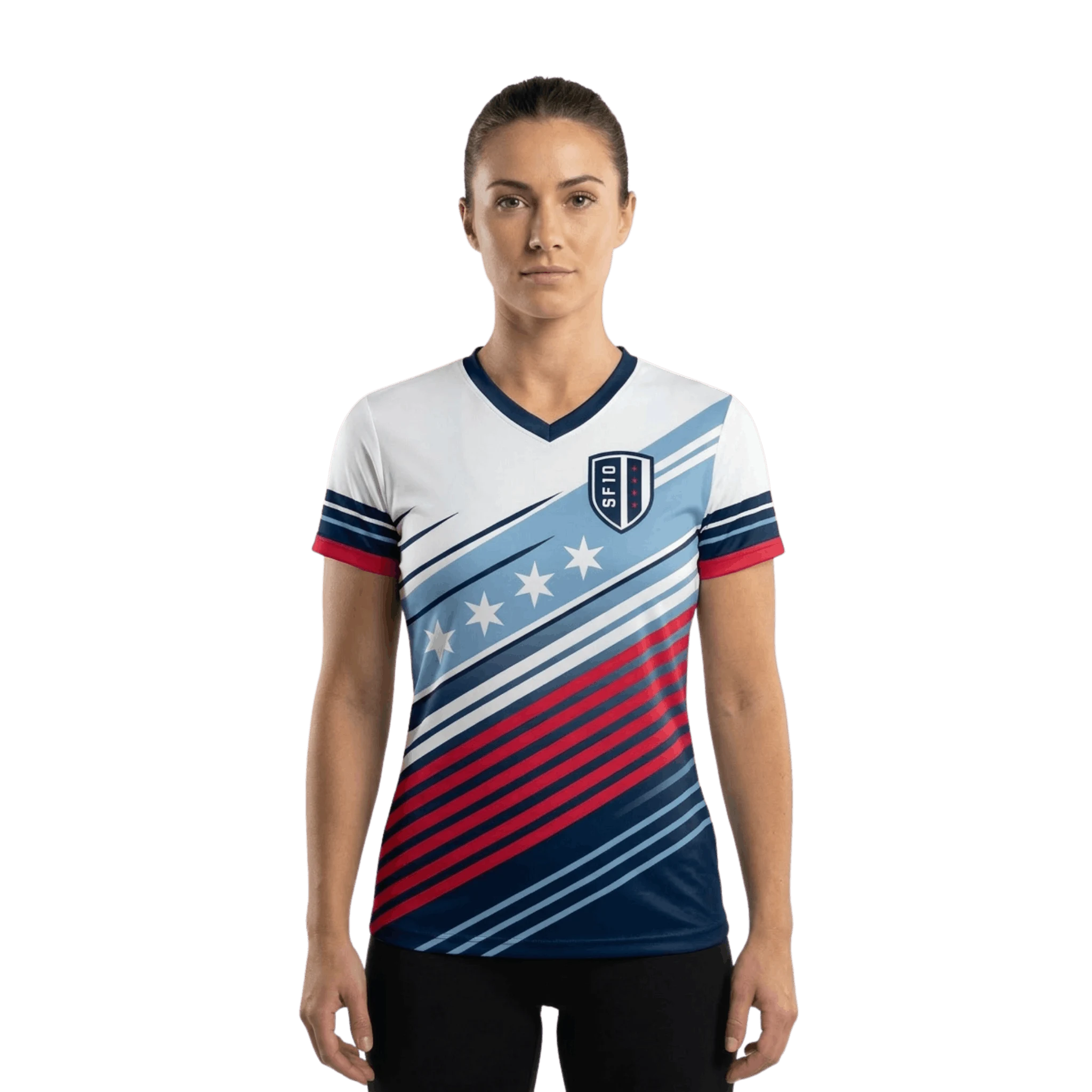 Woman wearing a stripe geometric running tee with Soldier Field 10 logo