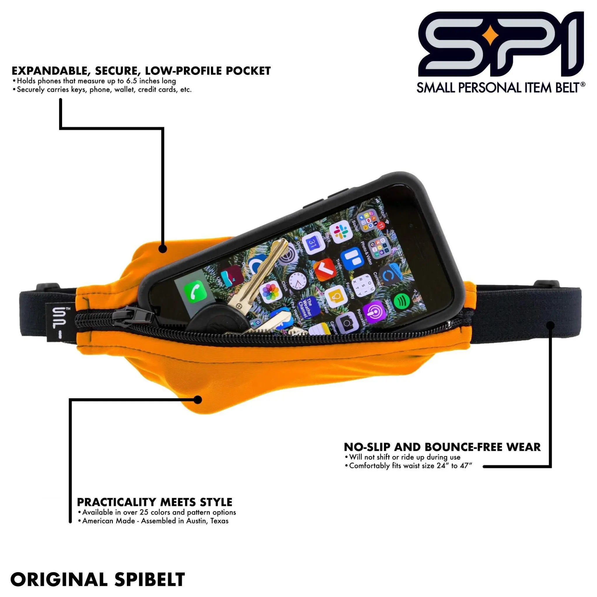 Orange belt bag with phone case featuring SPI logo and product features