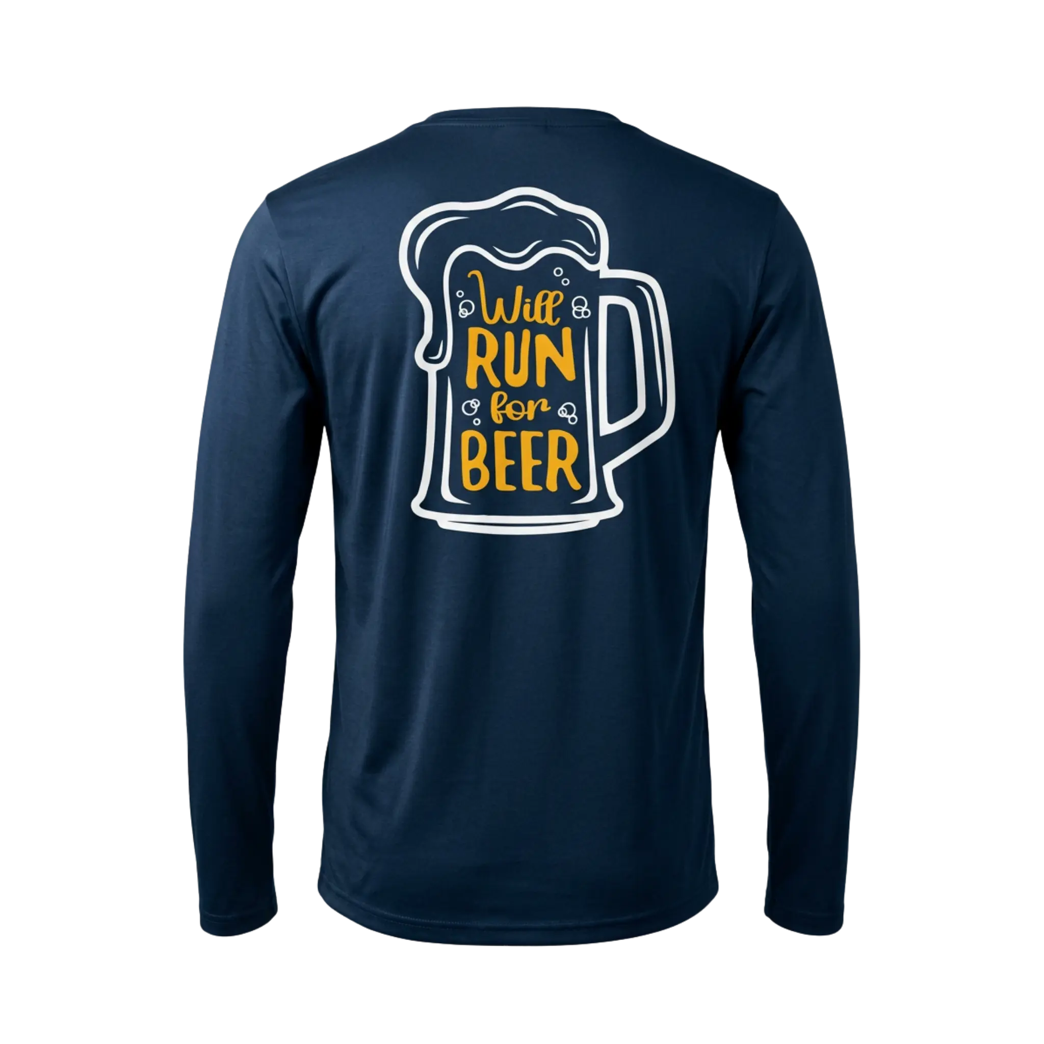 Navy long-sleeve shirt with a graphic of a beer mug and text Will Run for Beer on the back