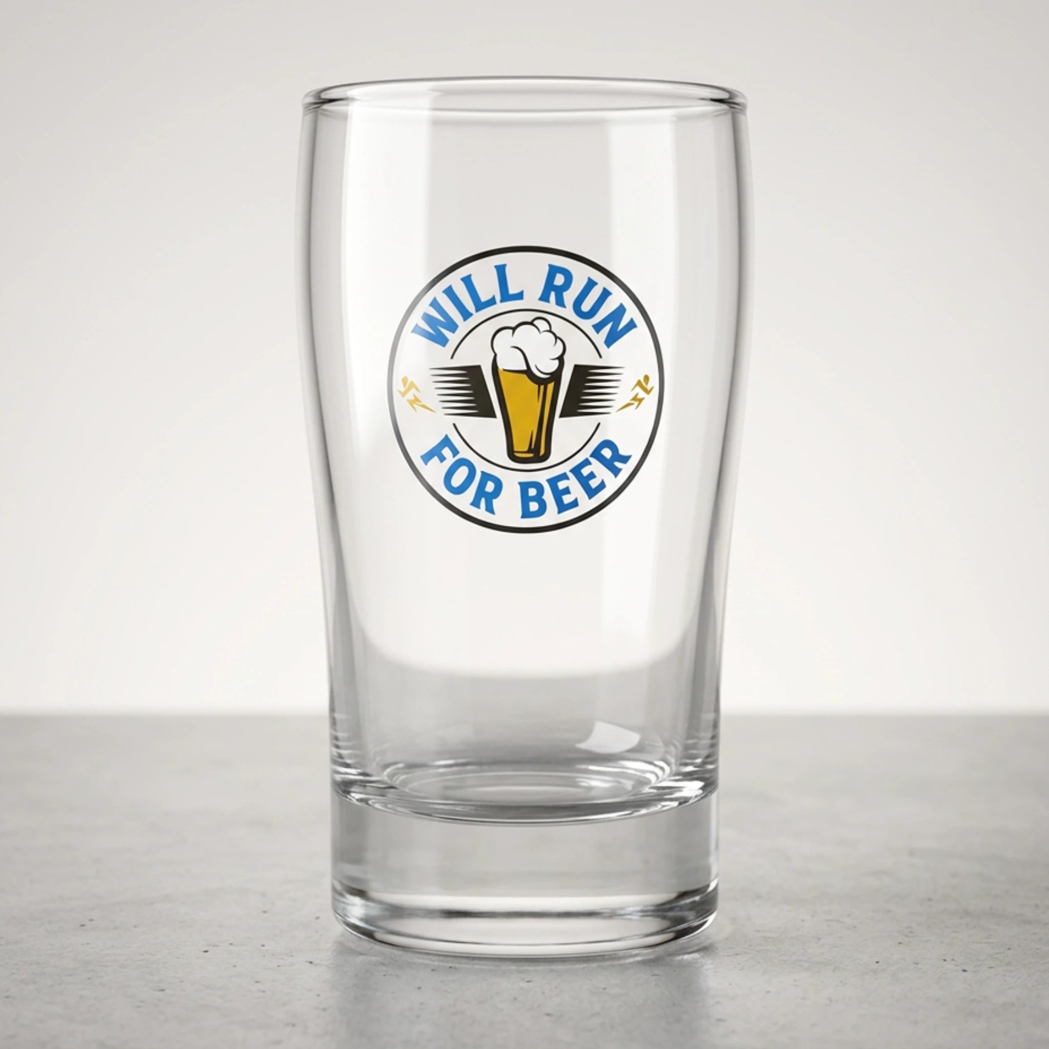 Clear glass with WILL RUN FOR BEER label on a light gray background