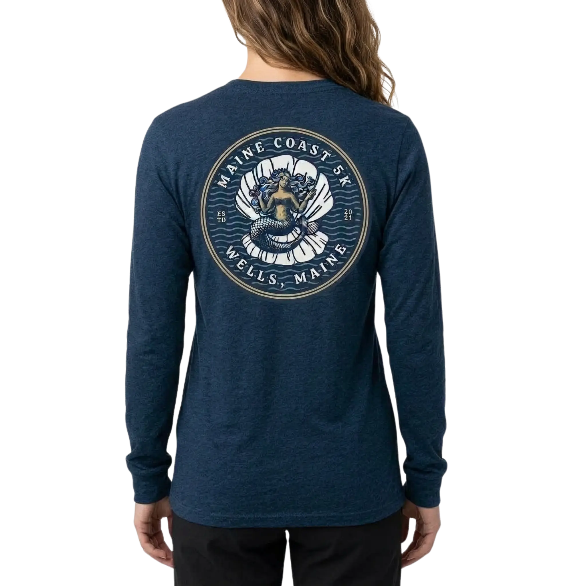 Navy blue long-sleeve shirt with a circular mermaid design on the back, featuring text and graphics