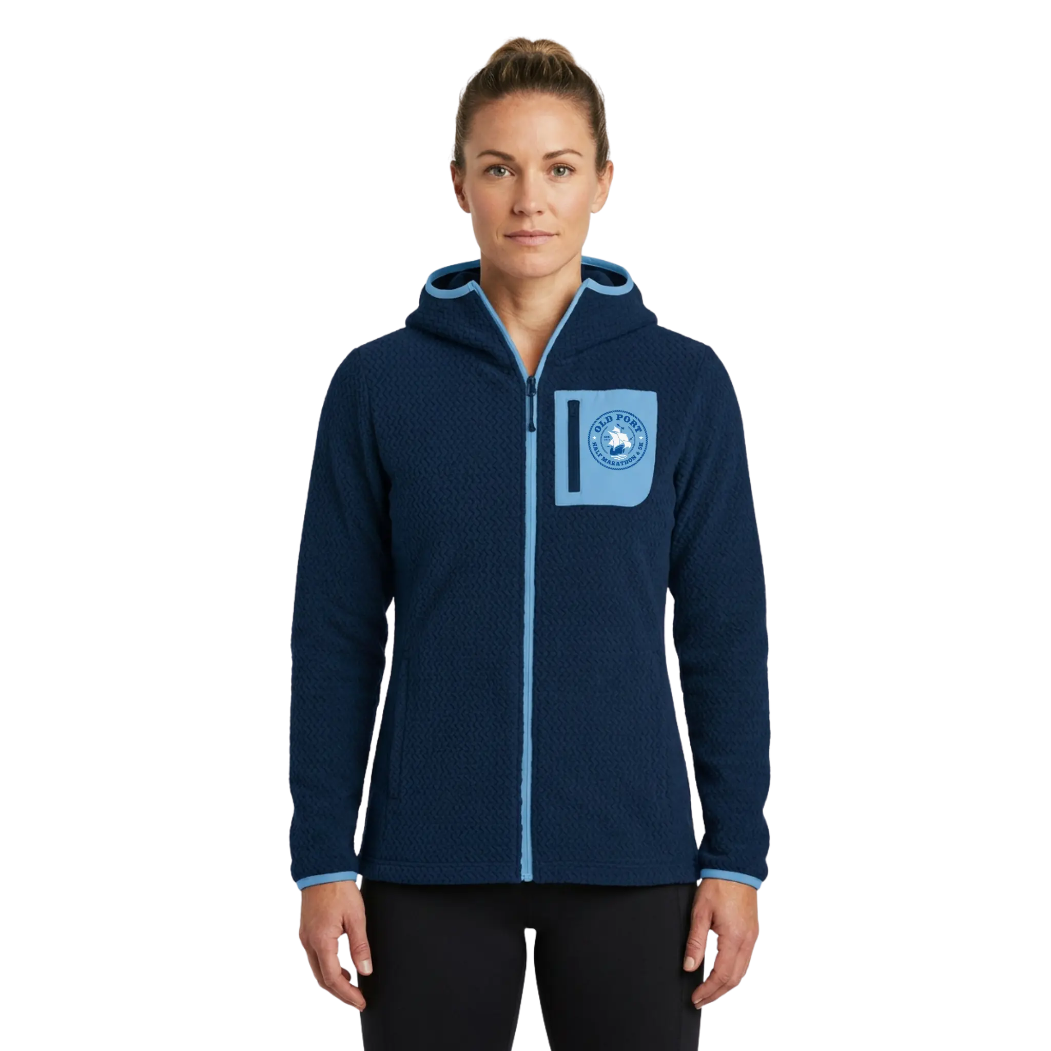 Woman wearing a navy blue fleece hoodie with an Old Port logo and chest pocket