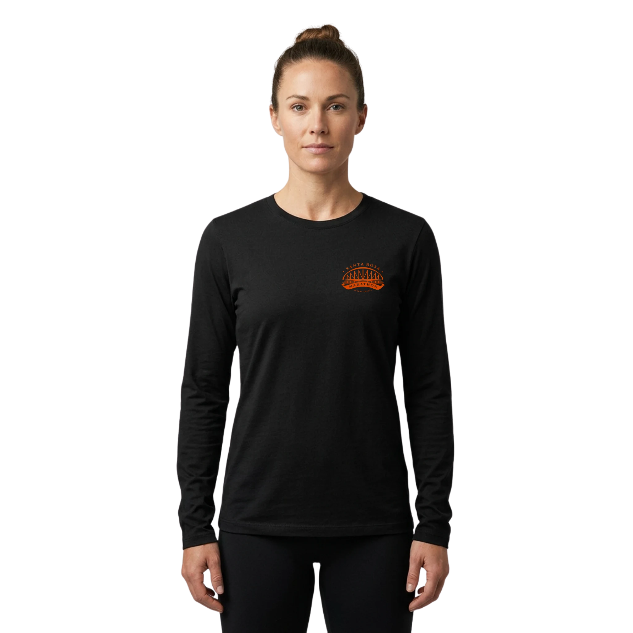 Woman wearing a black long-sleeve shirt with orange Santa Rosa Marathon logo