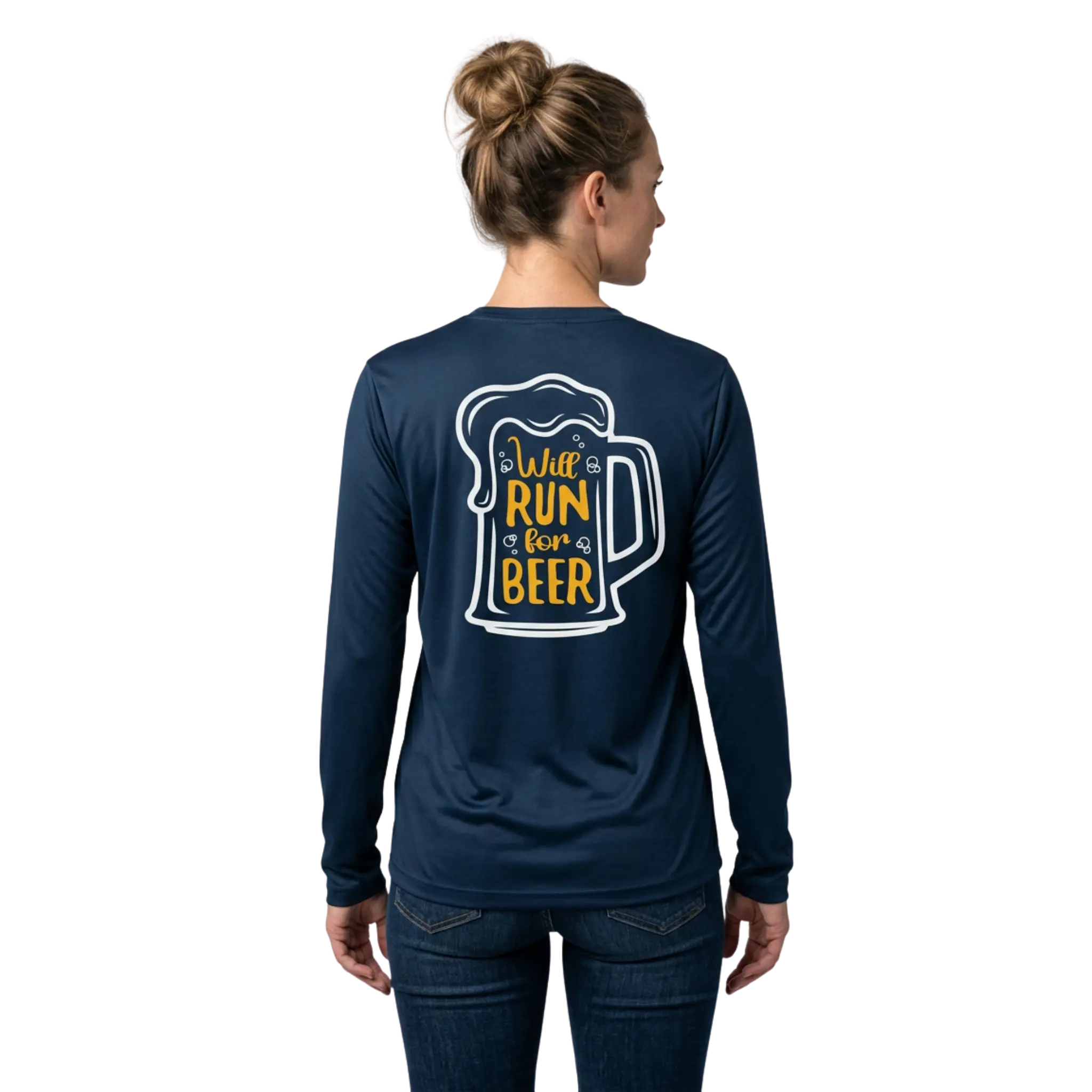 Woman wearing a navy long-sleeve shirt with a graphic of a beer mug and text Will Run for Beer on the back