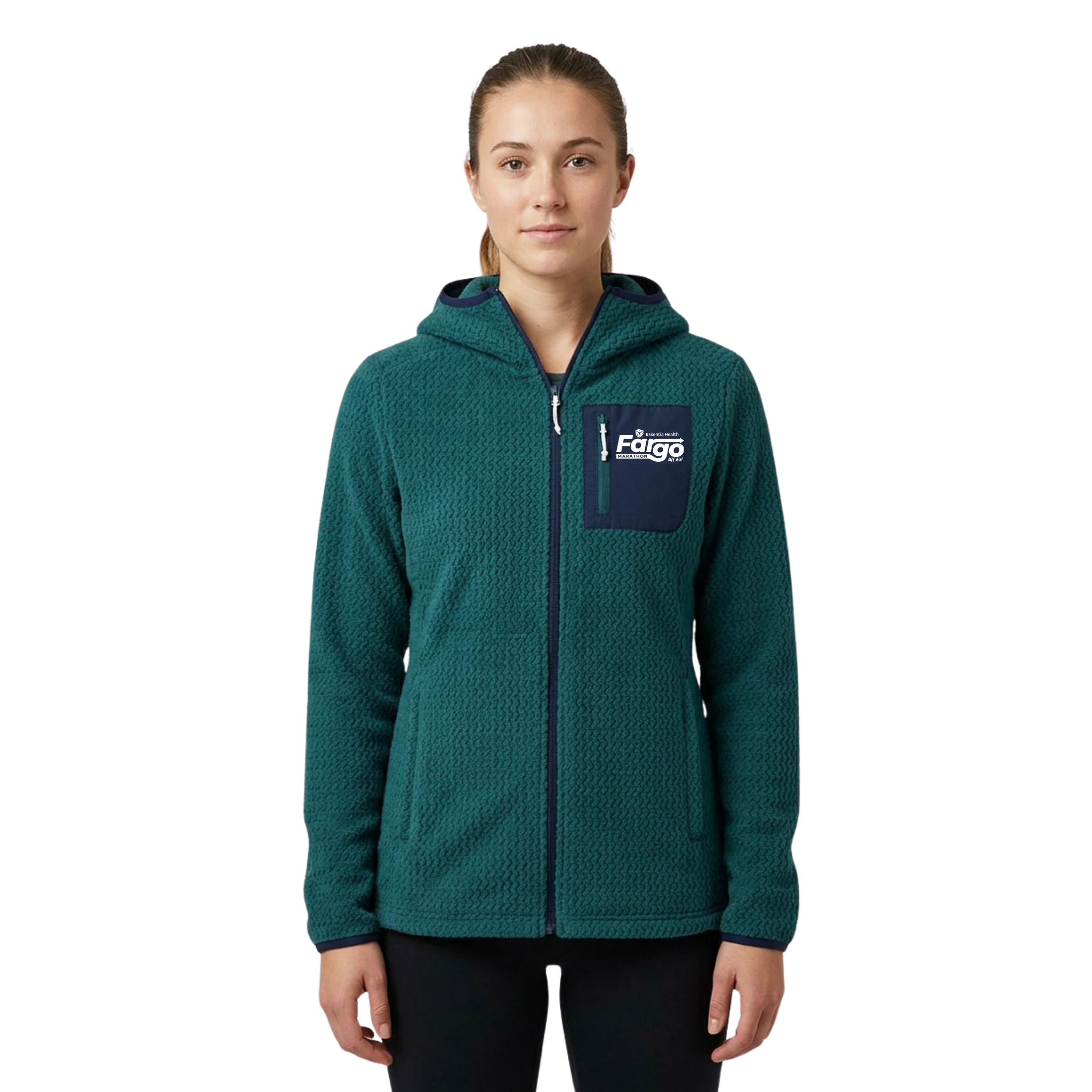 Woman wearing a green fleece hoodie with a Fargo Marathon logo and chest pocket
