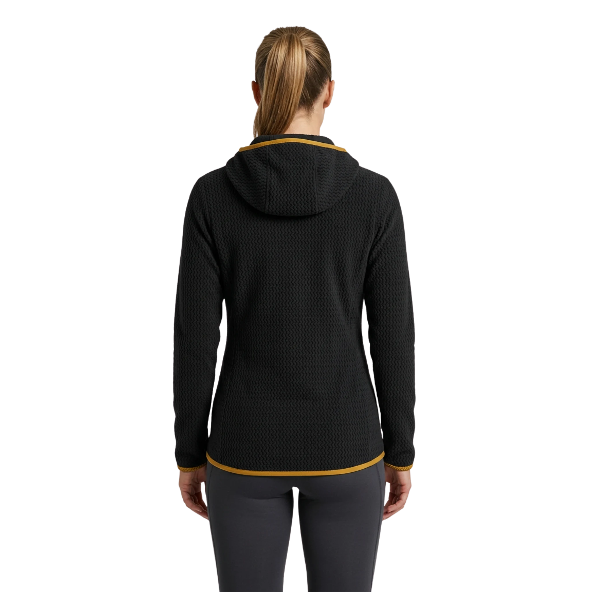 Back of woman wearing a black hoodie