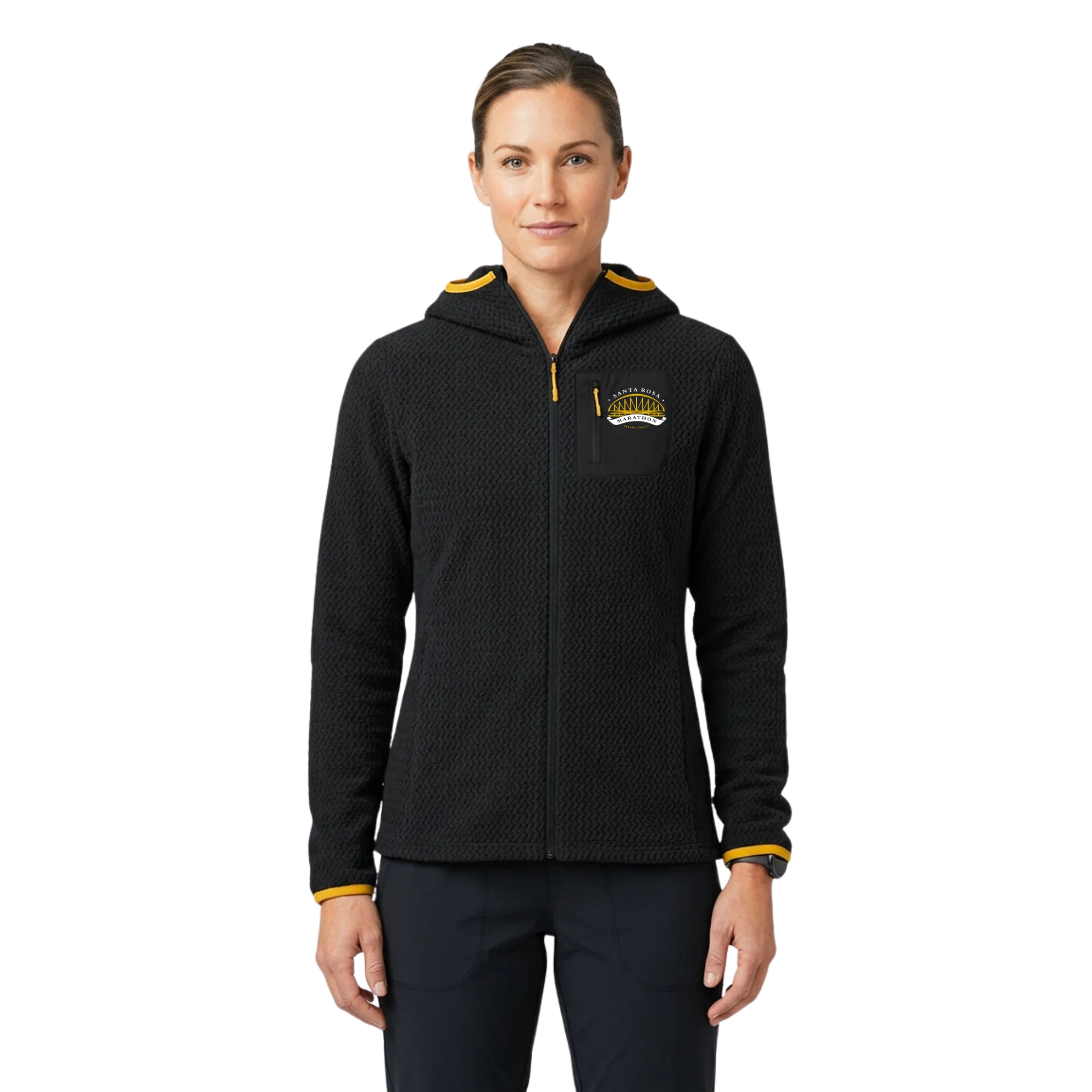 Woman wearing a black hoodie with Santa Rosa Marathon gold logo