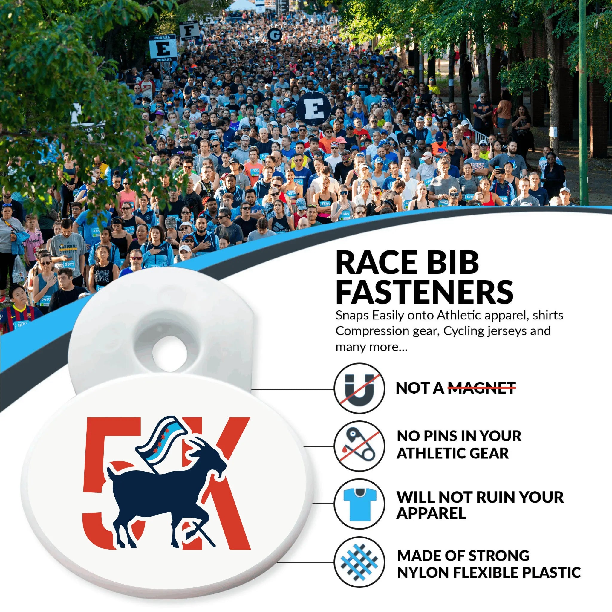 Bibboard information with Bucktown 5K branding and crowd of runners as background
