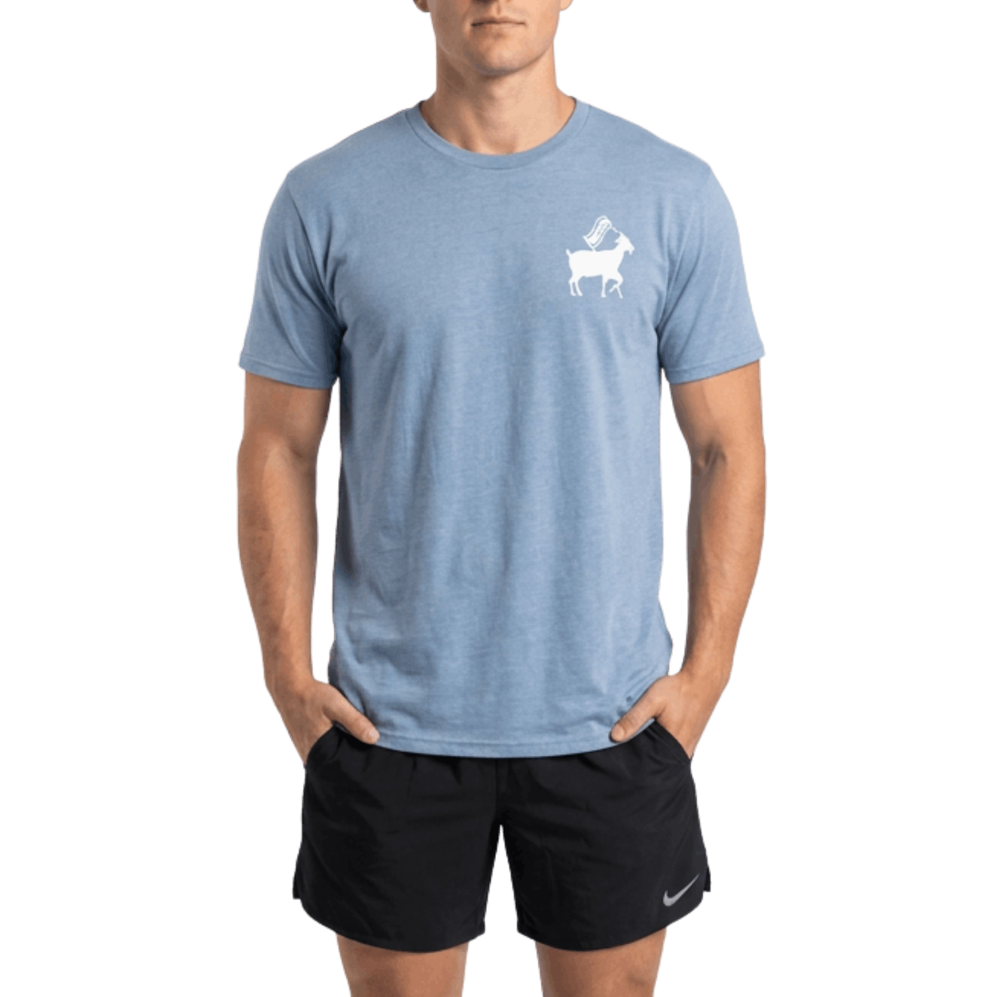 Person wearing a blue t-shirt with a white goat graphic on left chest