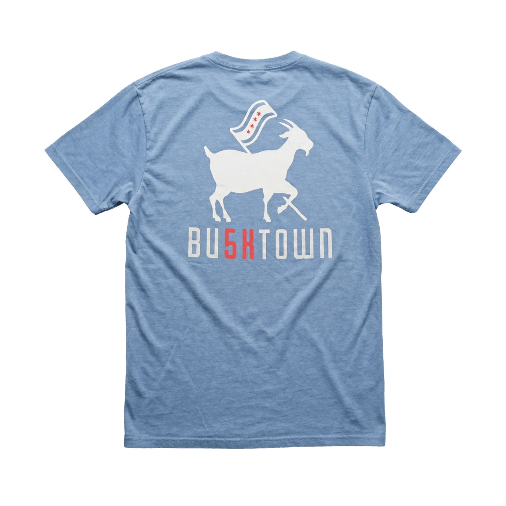 Blue t-shirt with a goat graphic and 'Bu5KTown' text