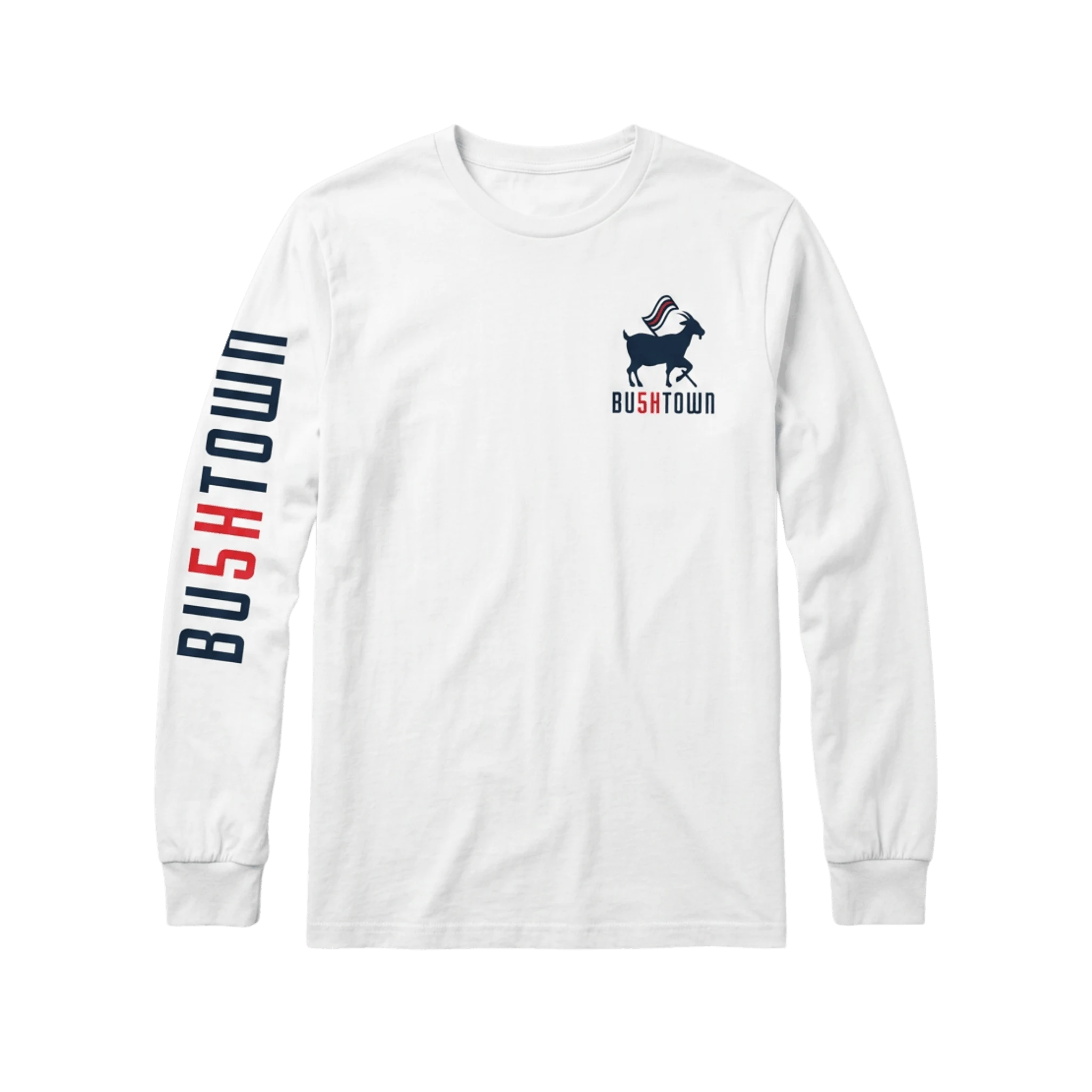 White long-sleeve shirt with 'BU5KTOWN' branding and logo