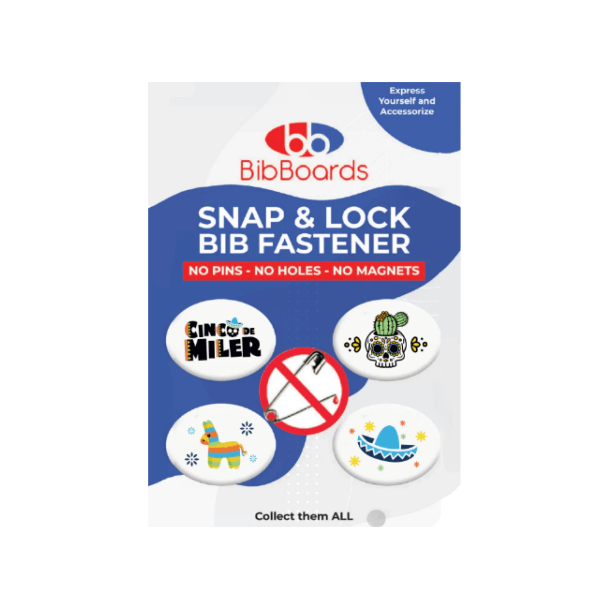 Packaging of BibBoards Snap & Lock Bib Fastener with colorful Cinco De Miler designs