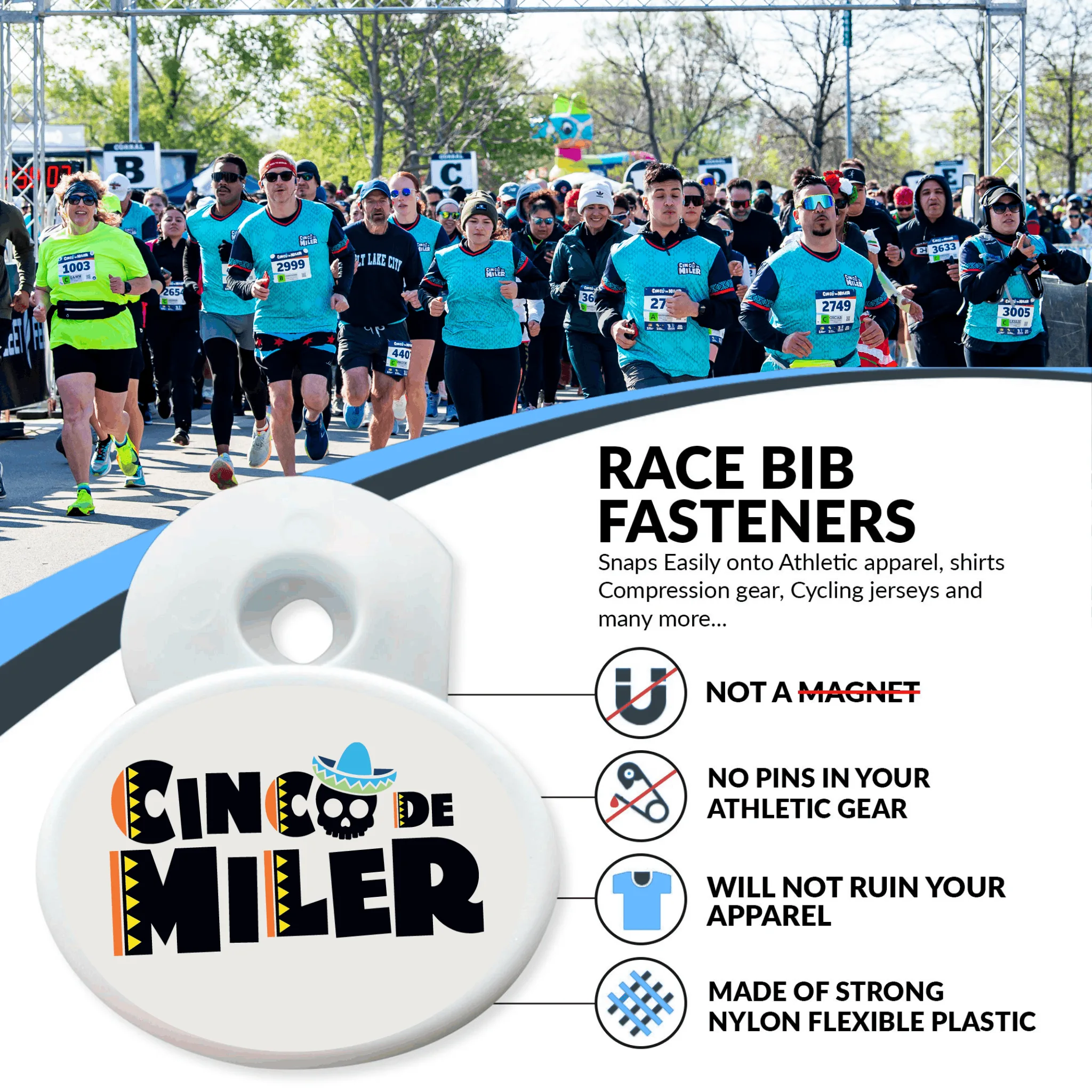 Runners at a race with a focus on race bib fasteners and a close-up of a Cinco de Miler fastener