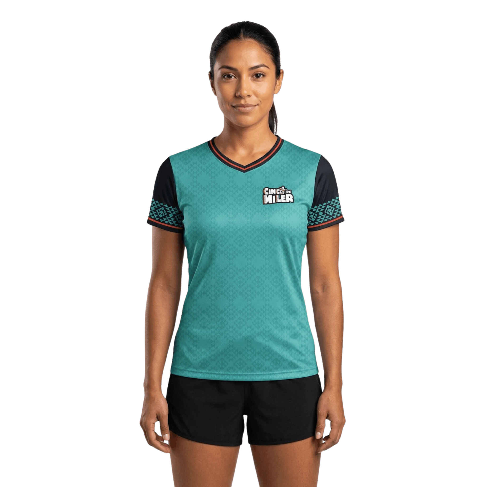Woman wearing a teal sports jersey with black accents and Cinco De Miler logo