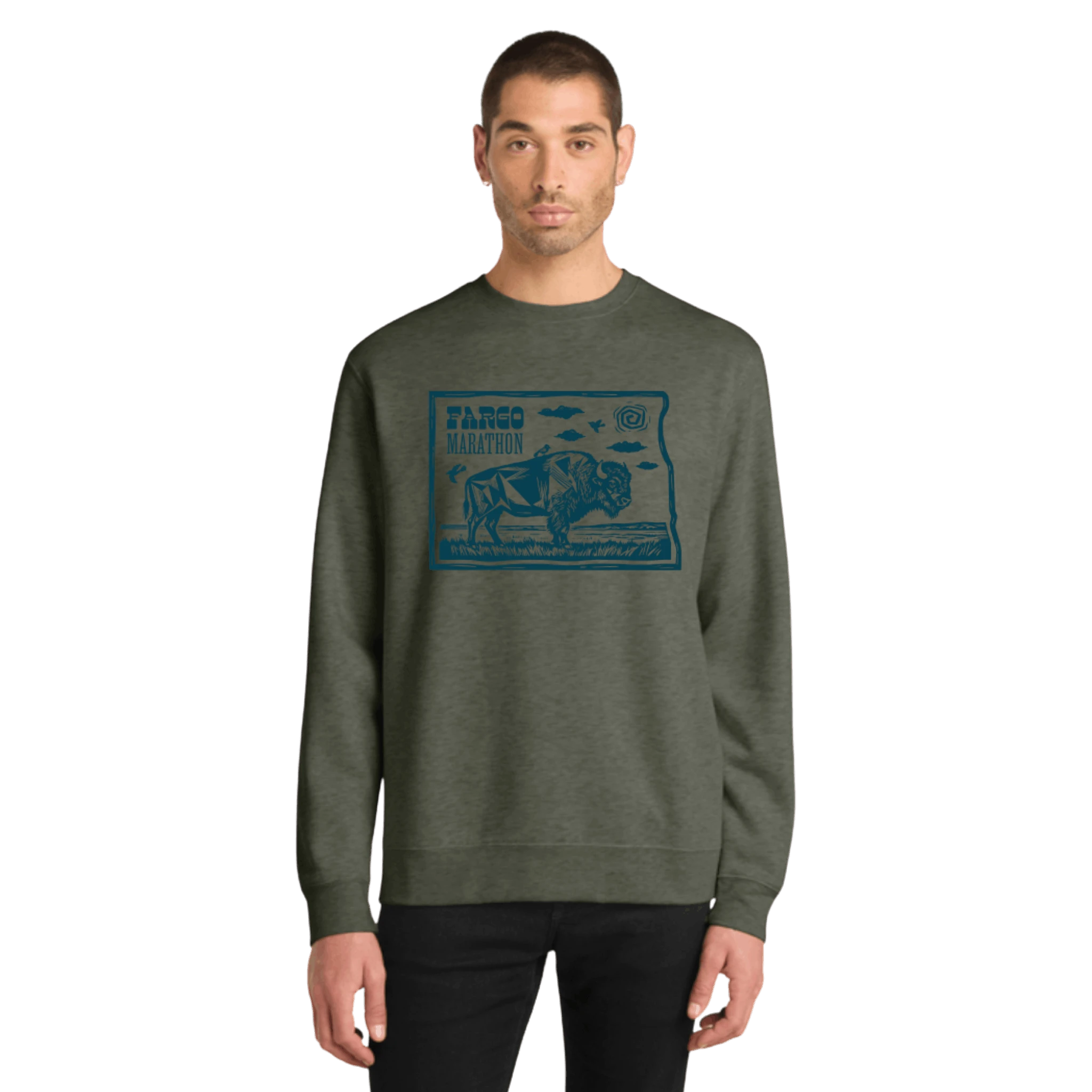Man wearing a green sweatshirt with a Fargo Marathon graphic design