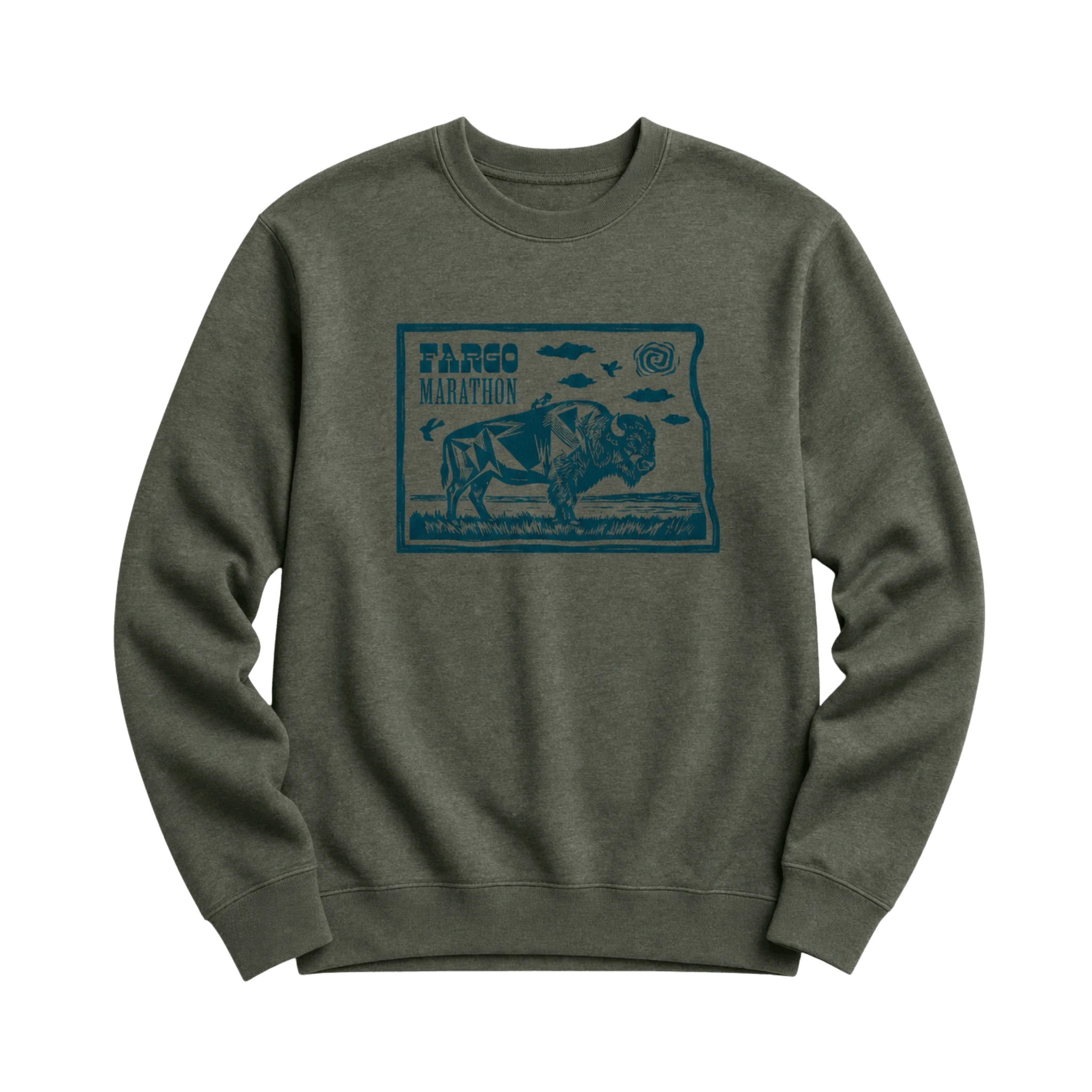 Green sweatshirt with blue Fargo Marathon graphic design