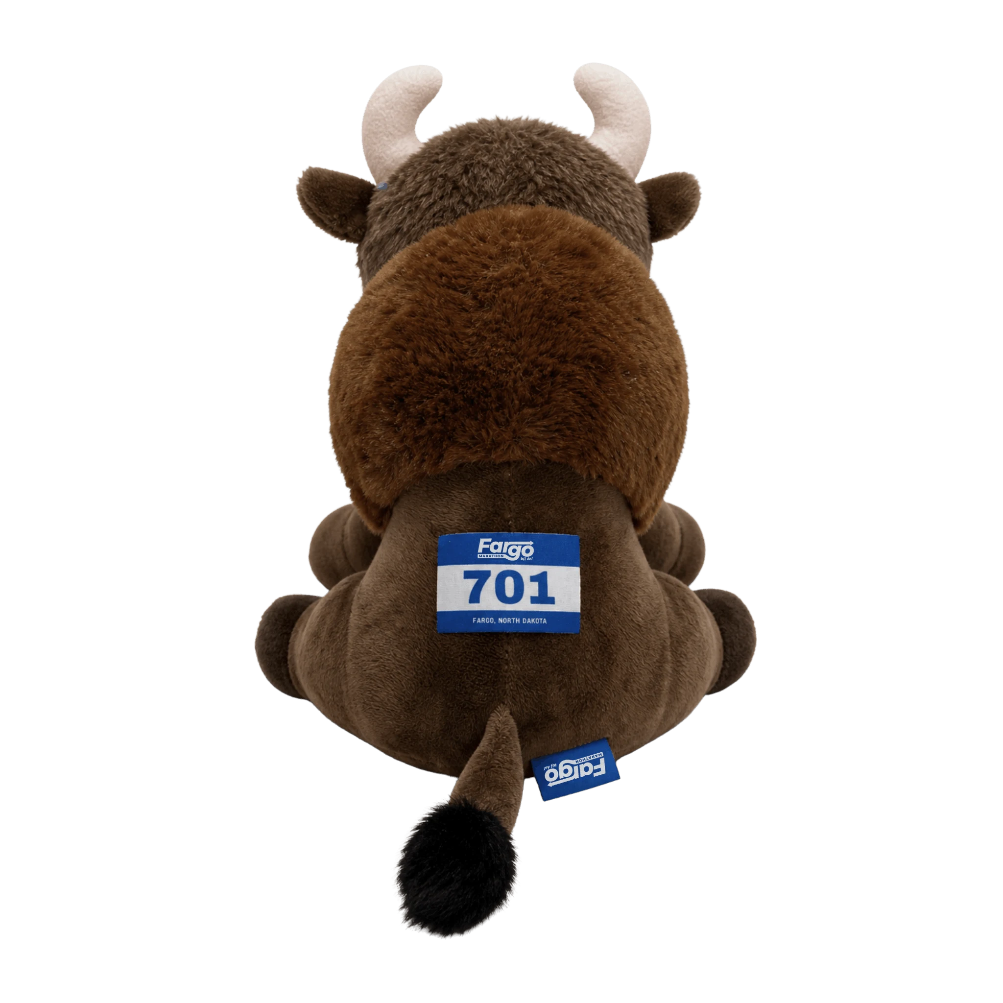 Bison stuffed animal with a Fargo Marathon bib and tag