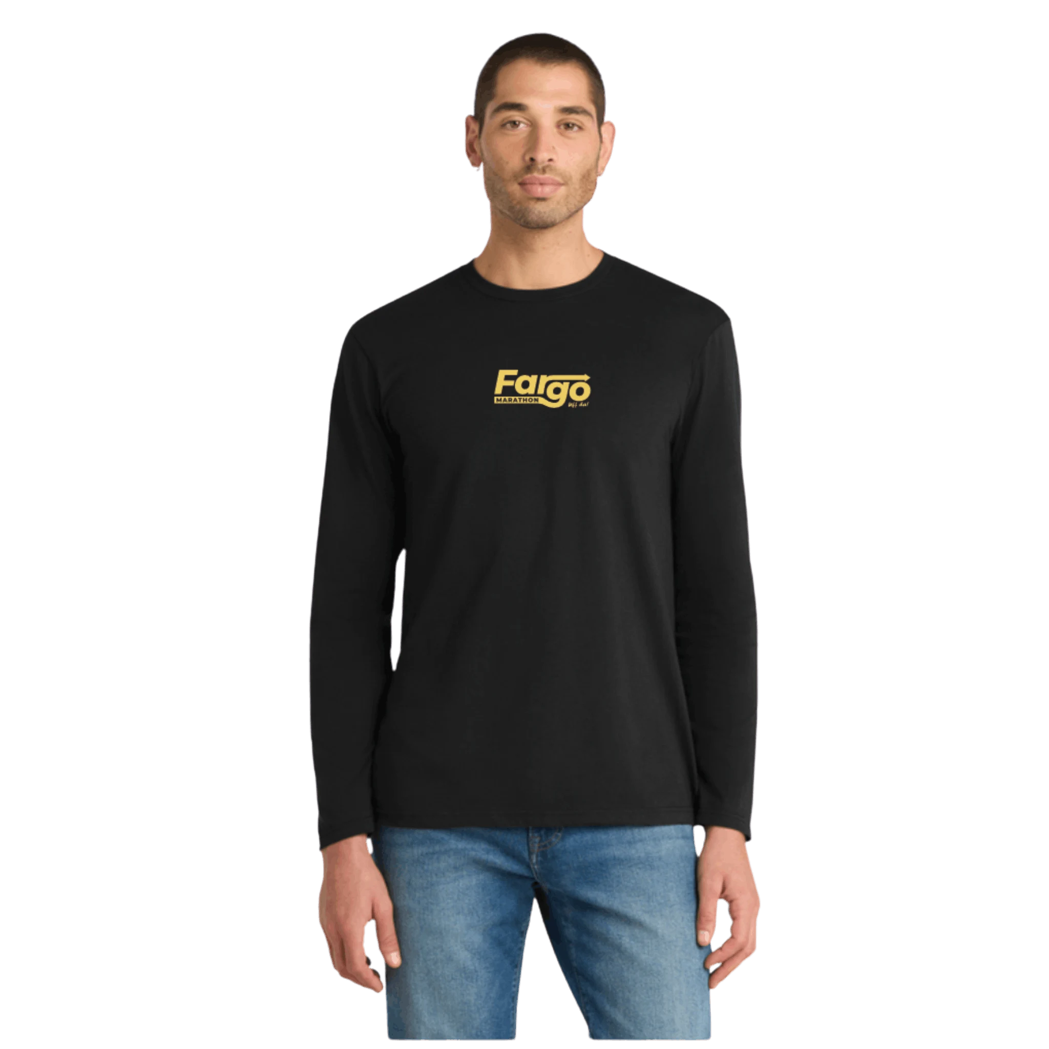 Man wearing a black long-sleeve shirt with 'Fargo Marathon' logo